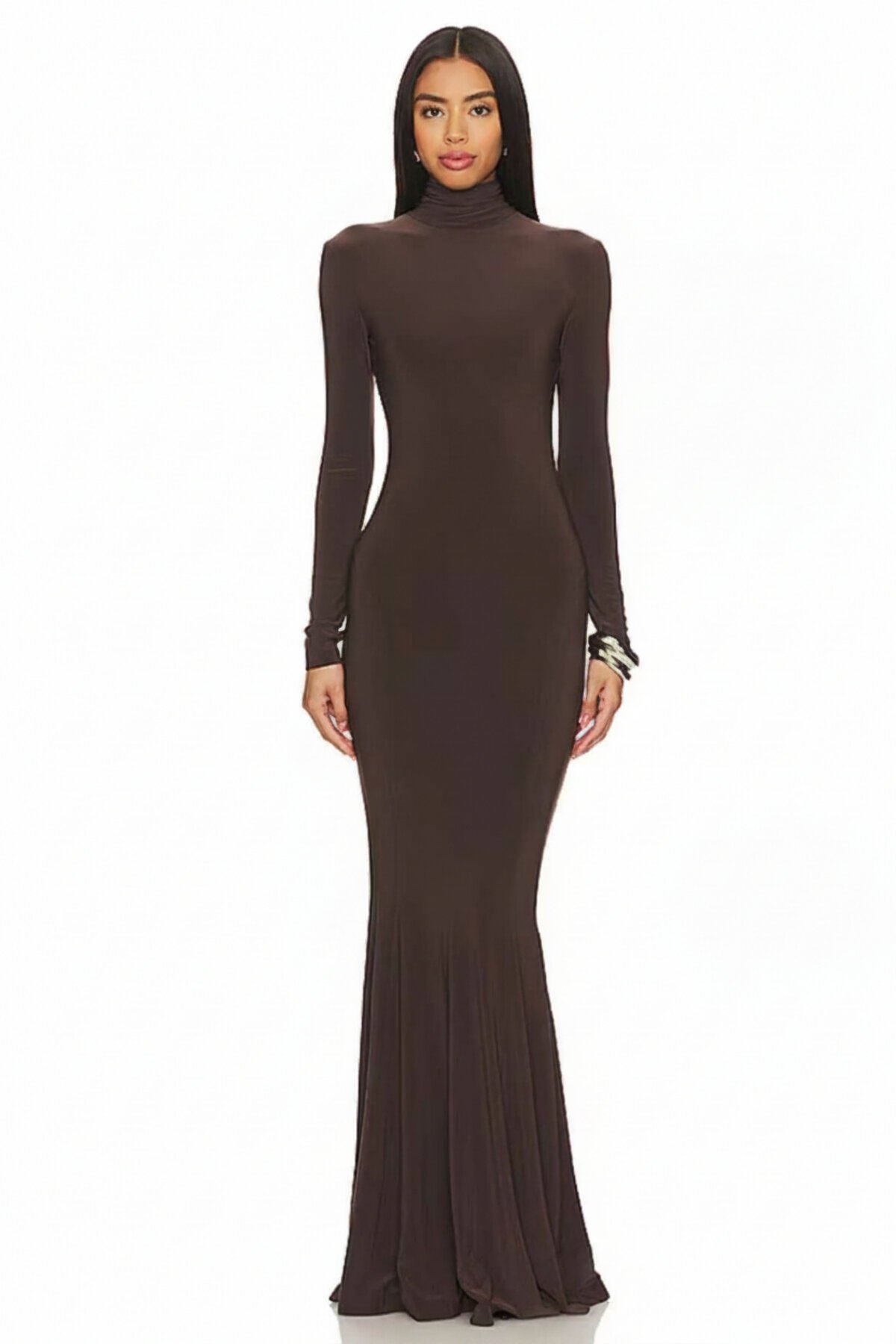 Long Ruffled Hem Mock Neck Evening Dress - Brown - Zagrep