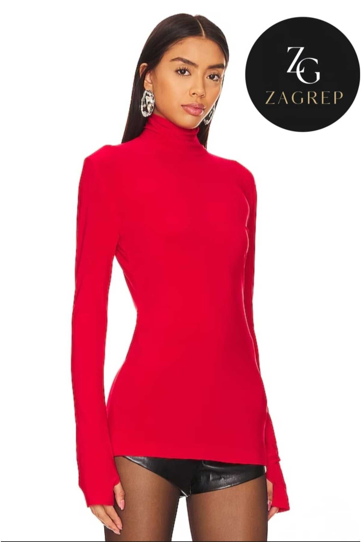 Turtleneck Silk-Jersey Thumb-Hole Blouse - Red - Zagrep