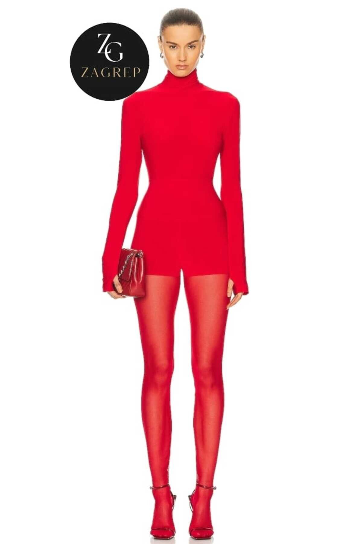 Turtleneck Silk Jersey Thumbhole Blouse - Red - Zagrep