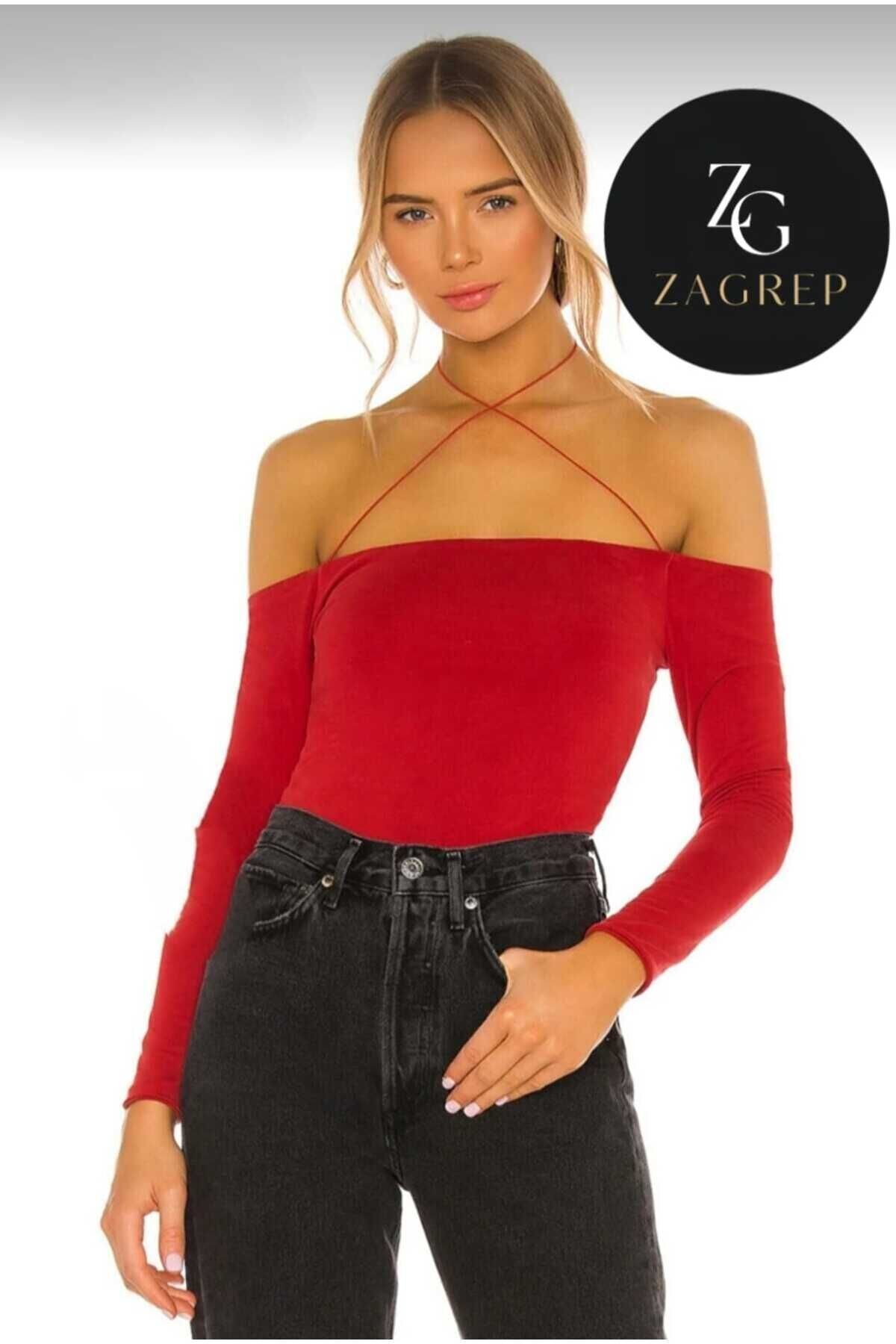 Halter Neck Double-Layered Crisscross Strap Bodysuit - Red - Zagrep