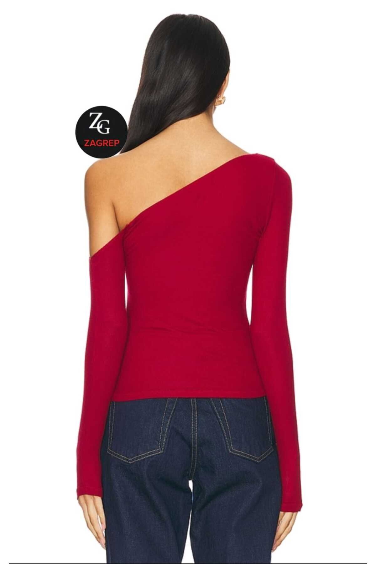 Double-Layered Silk Jersey Asymmetric Neck Thumb Hole Blouse - Red - Zagrep