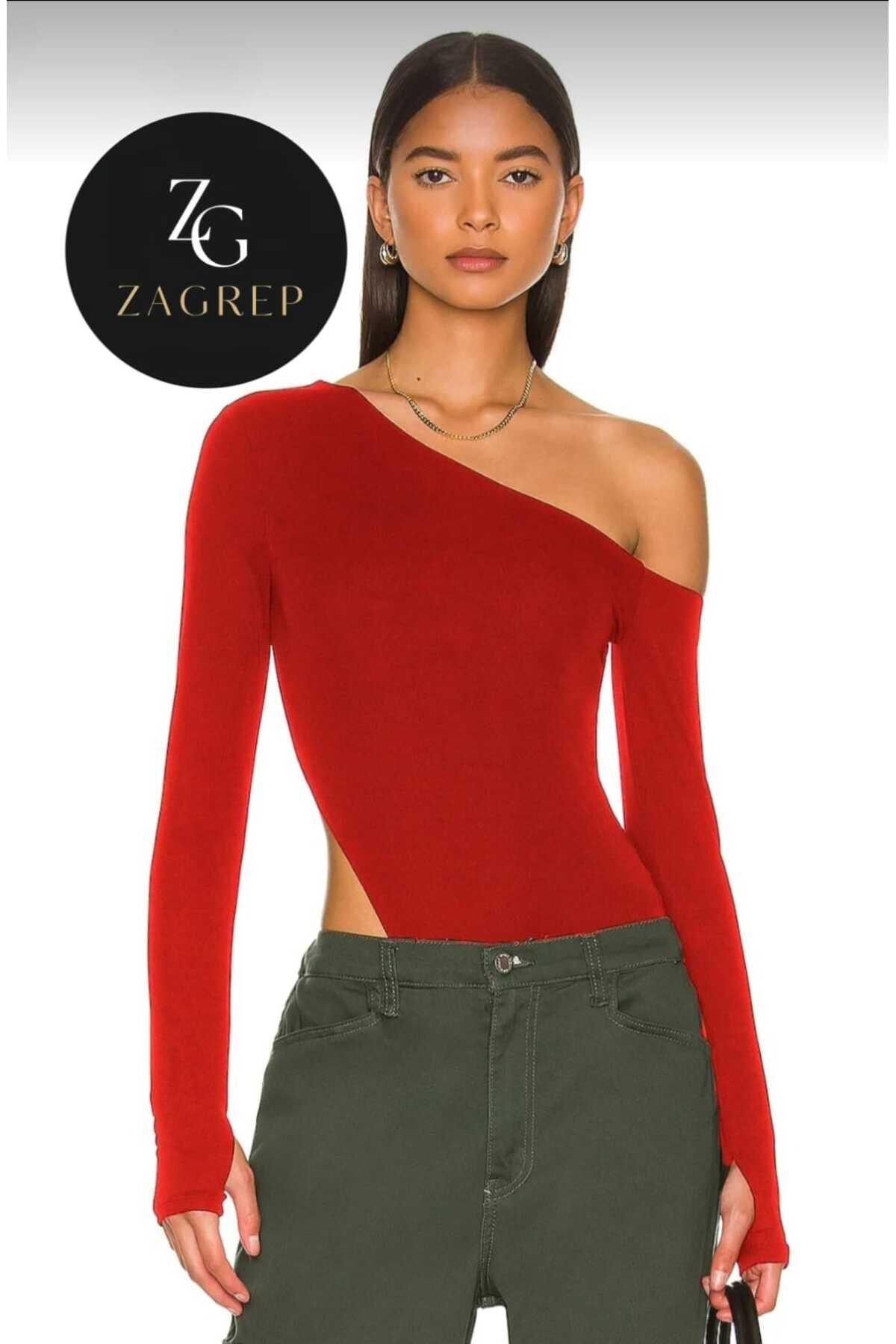بودي أحمر حرير جيرسي غير شفاف بفتحة إبهام وتفاصيل ياقة - Zagrep