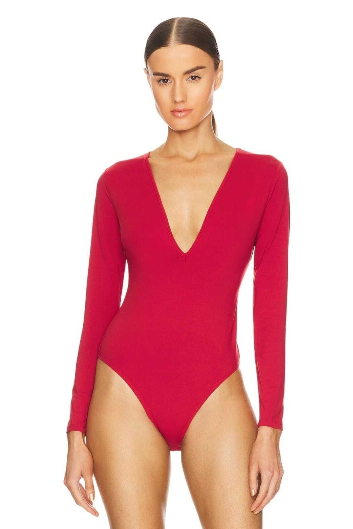 Silk Jersey Double Layer V-Neck Bodysuit - Red - Zagrep