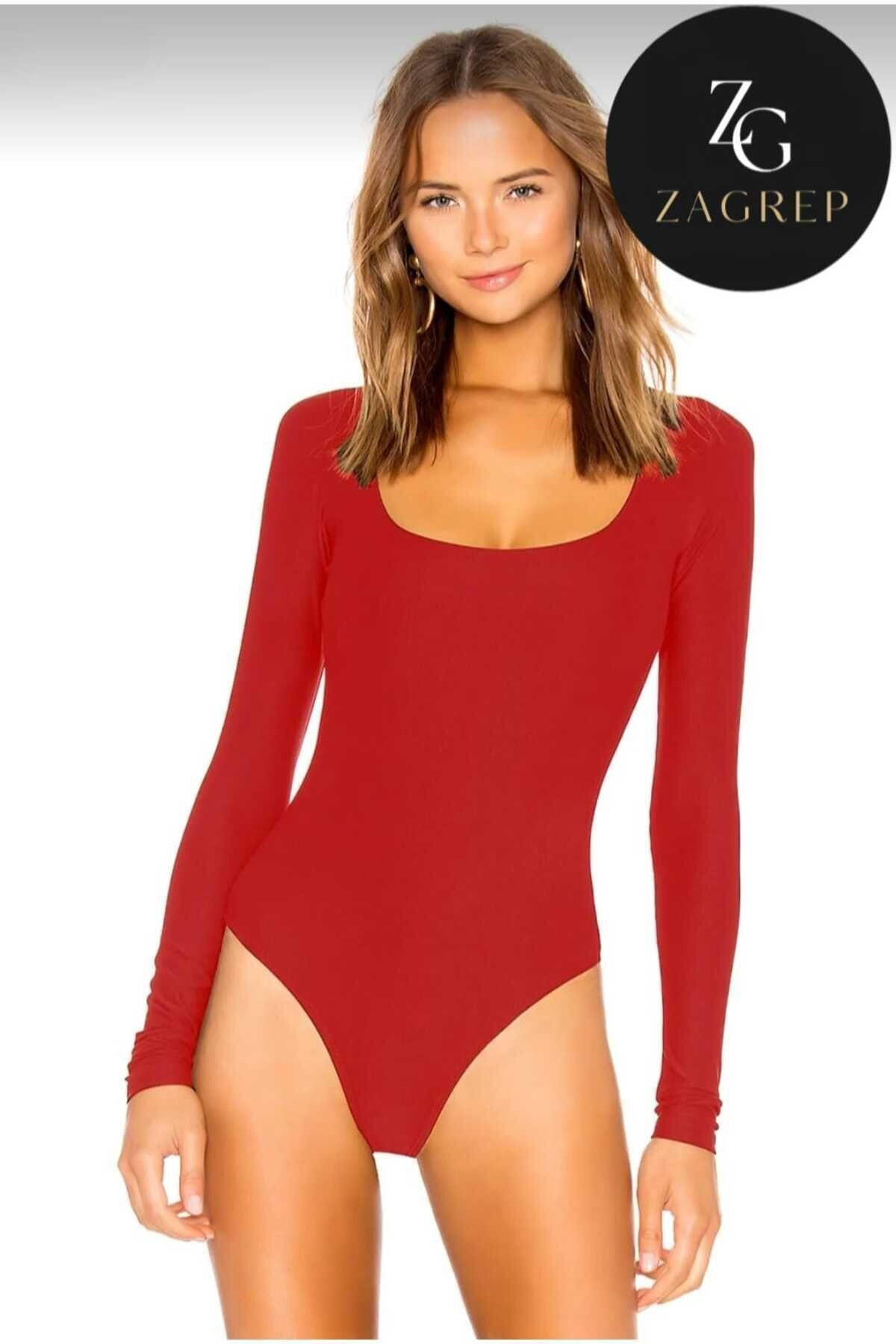 Double-Layered Opaque Silk Jersey Oval Neck Bodysuit - Red - Zagrep