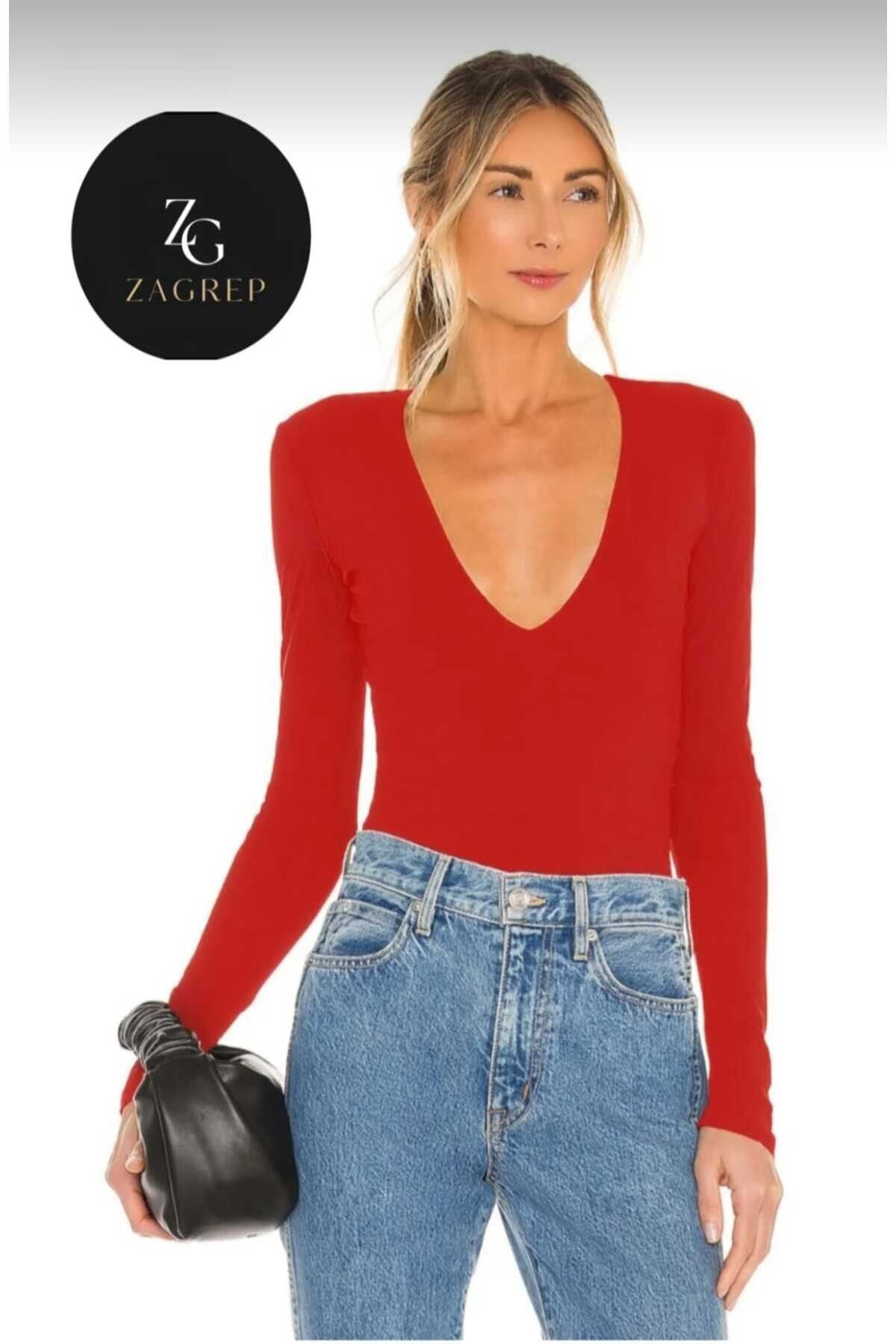 Kırmızı İpek Jarse V Yaka Çift Kat Body - Zagrep