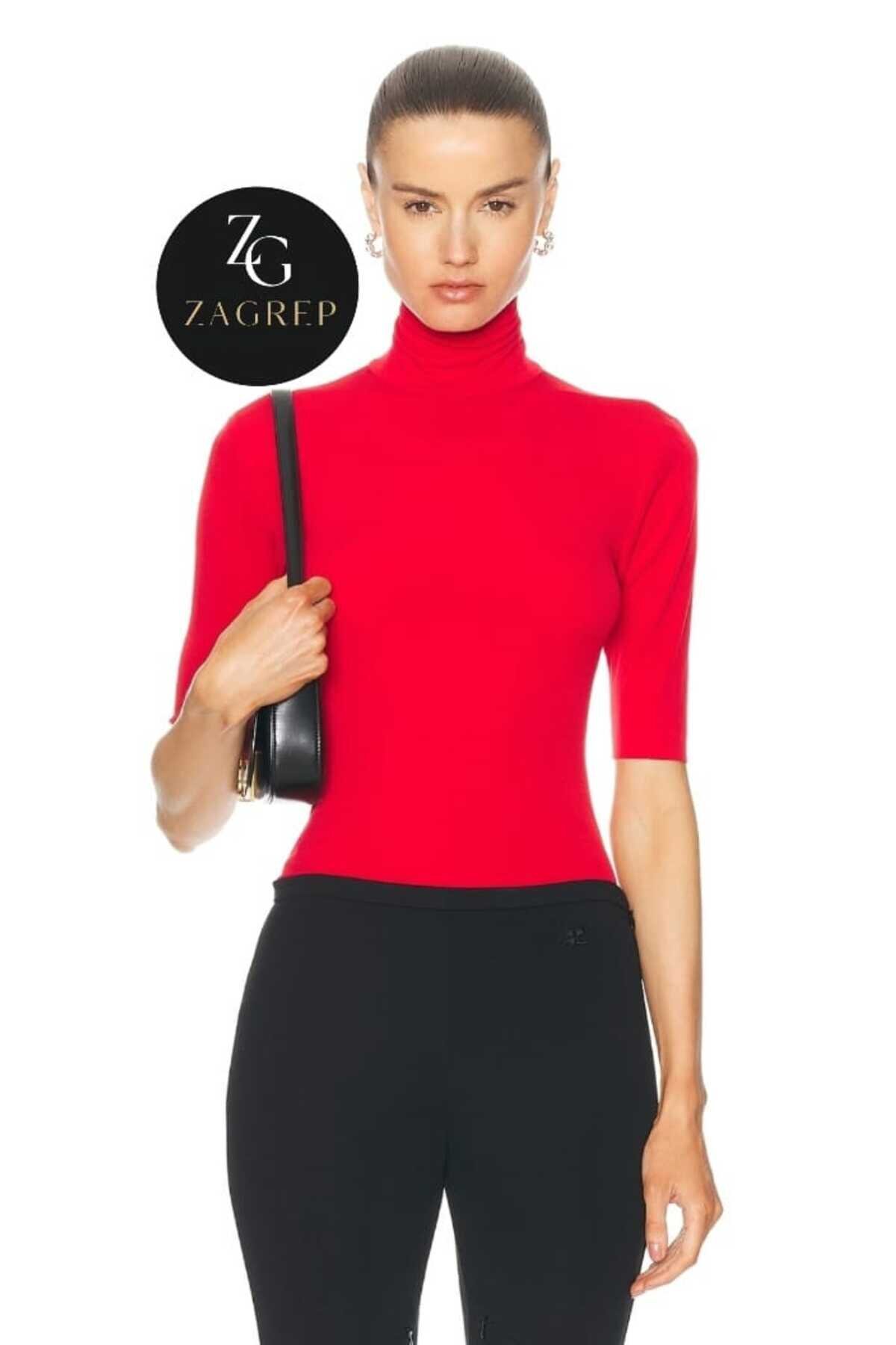 Short Sleeve Turtleneck Opaque Blouse - Red - Zagrep