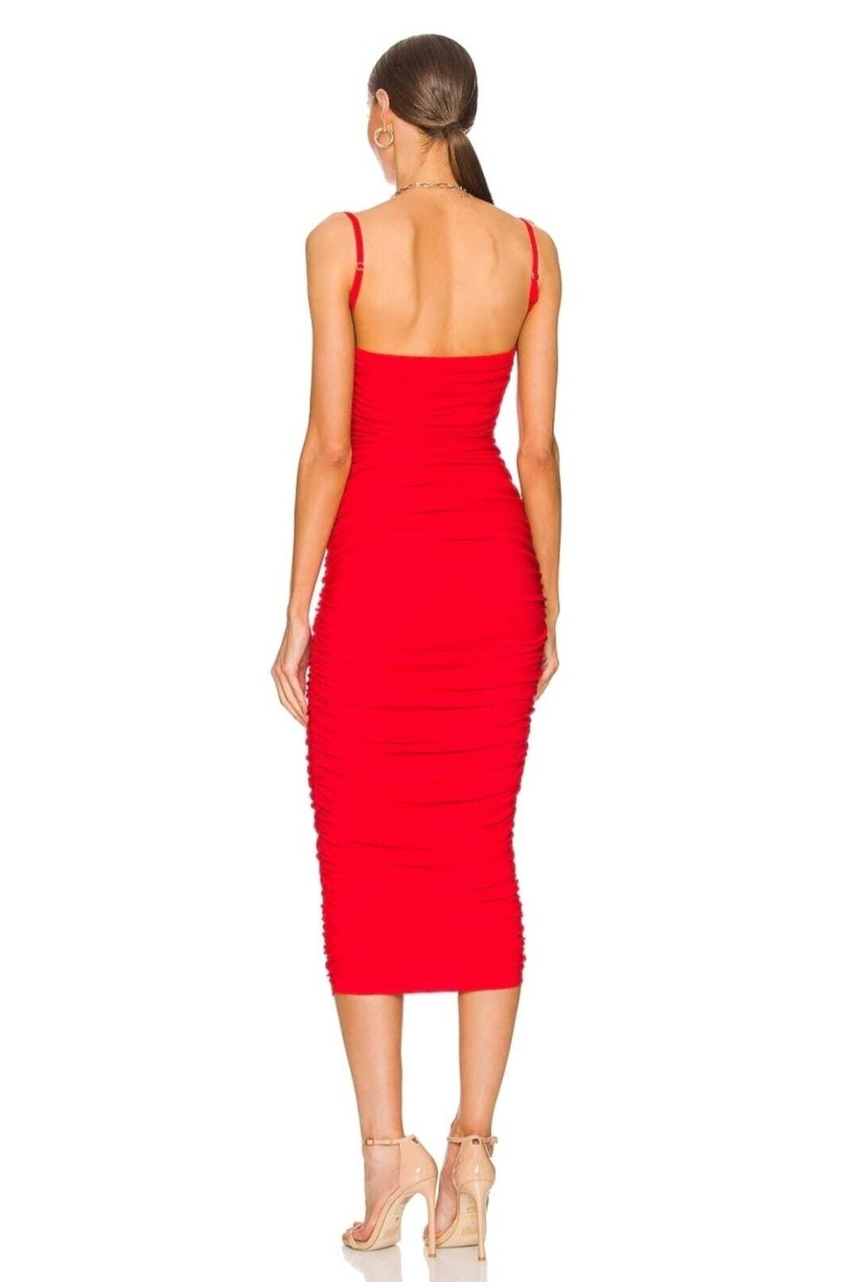 Midi Ruched Strappy Lined Evening Dress - Red - Zagrep