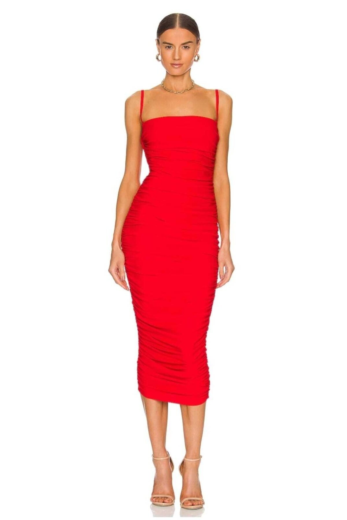 Midi Ruched Strappy Lined Evening Dress - Red - Zagrep