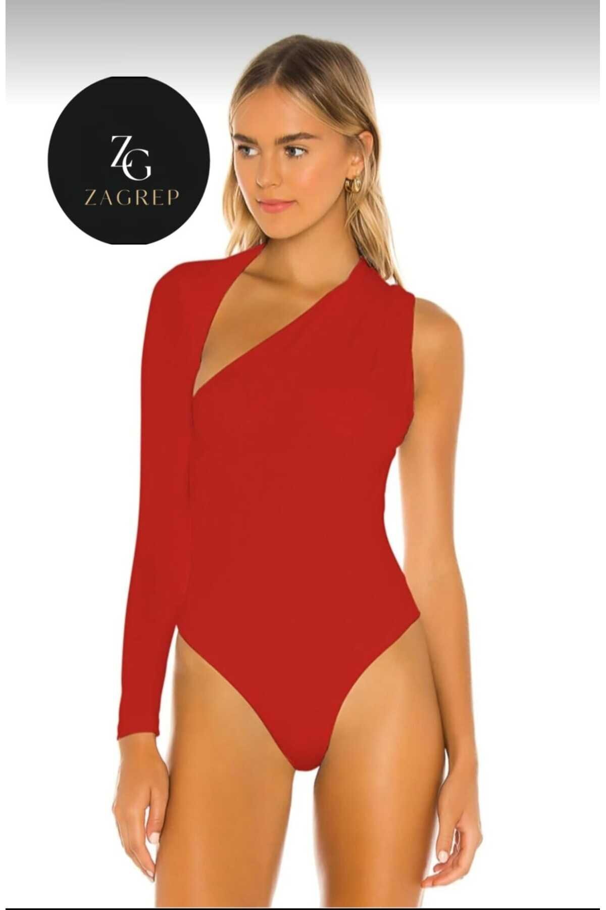 Kırmızı Omuz Büzgülü Ön Dekolteli Jarse İç Göstermez Body & Bodysuit - Zagrep