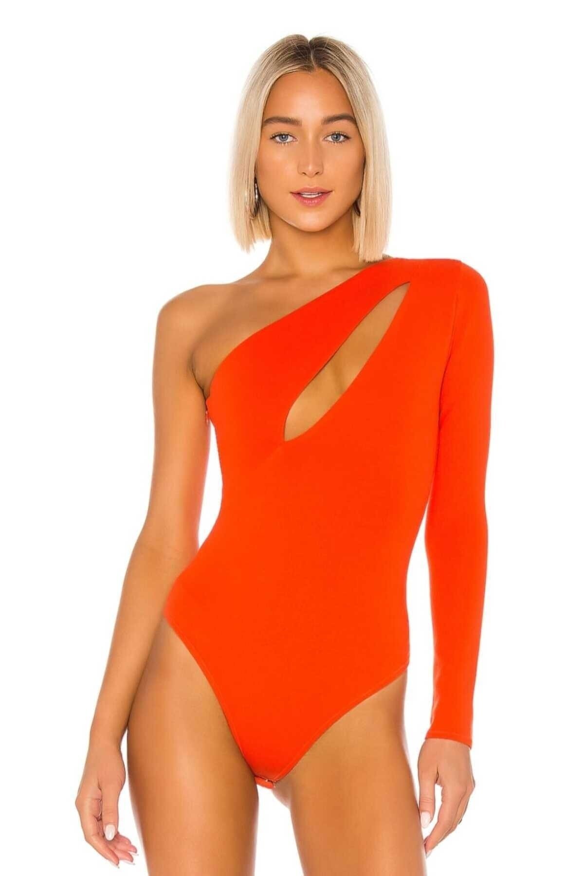 Silk Jersey One-Sleeve Front-Slit Bodysuit - Red - Zagrep