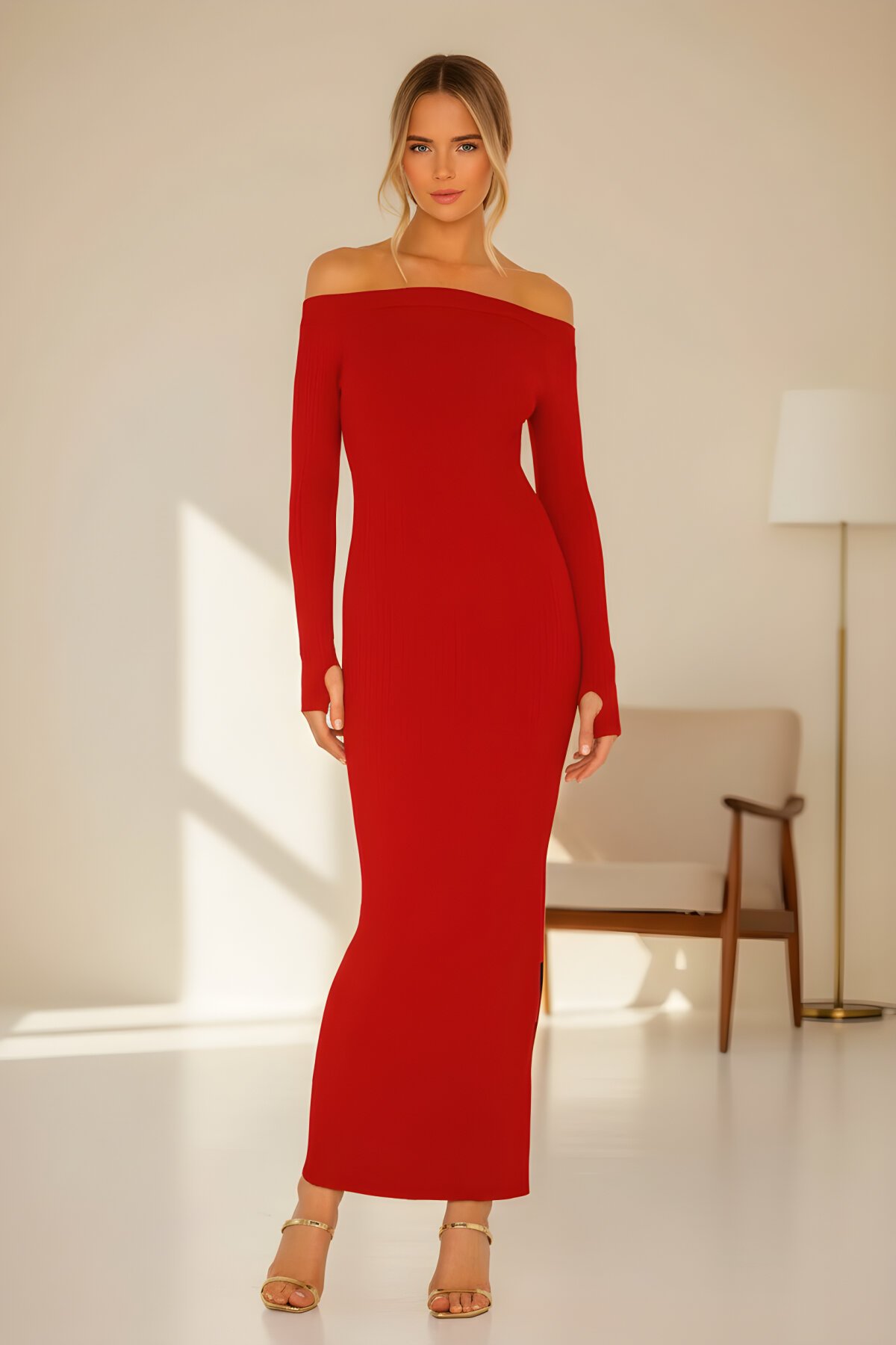 Long Strapless Side-Zippered Thumb-Hole Dress - Red - Zagrep