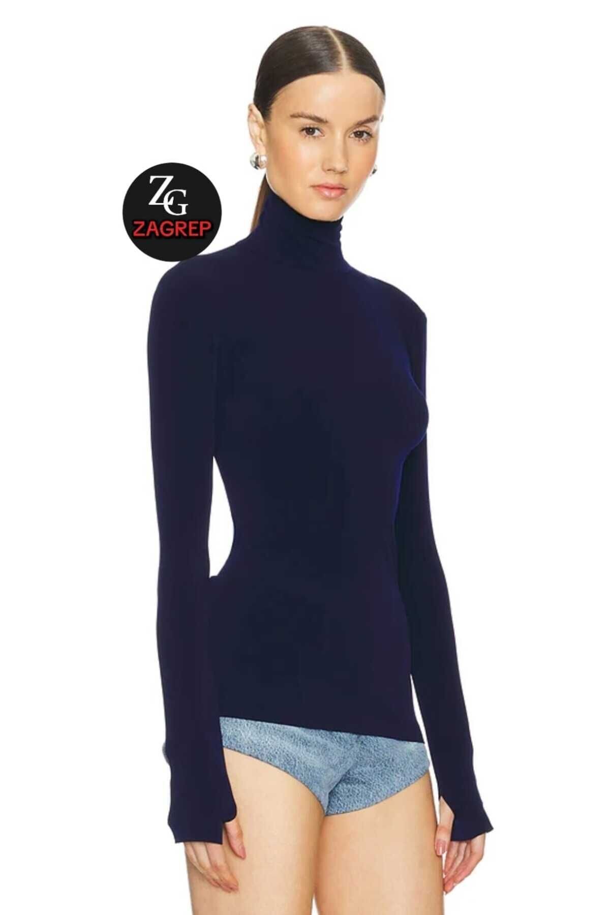 Turtleneck Silk Jersey Thumb-Hole Blouse - Navy - Zagrep
