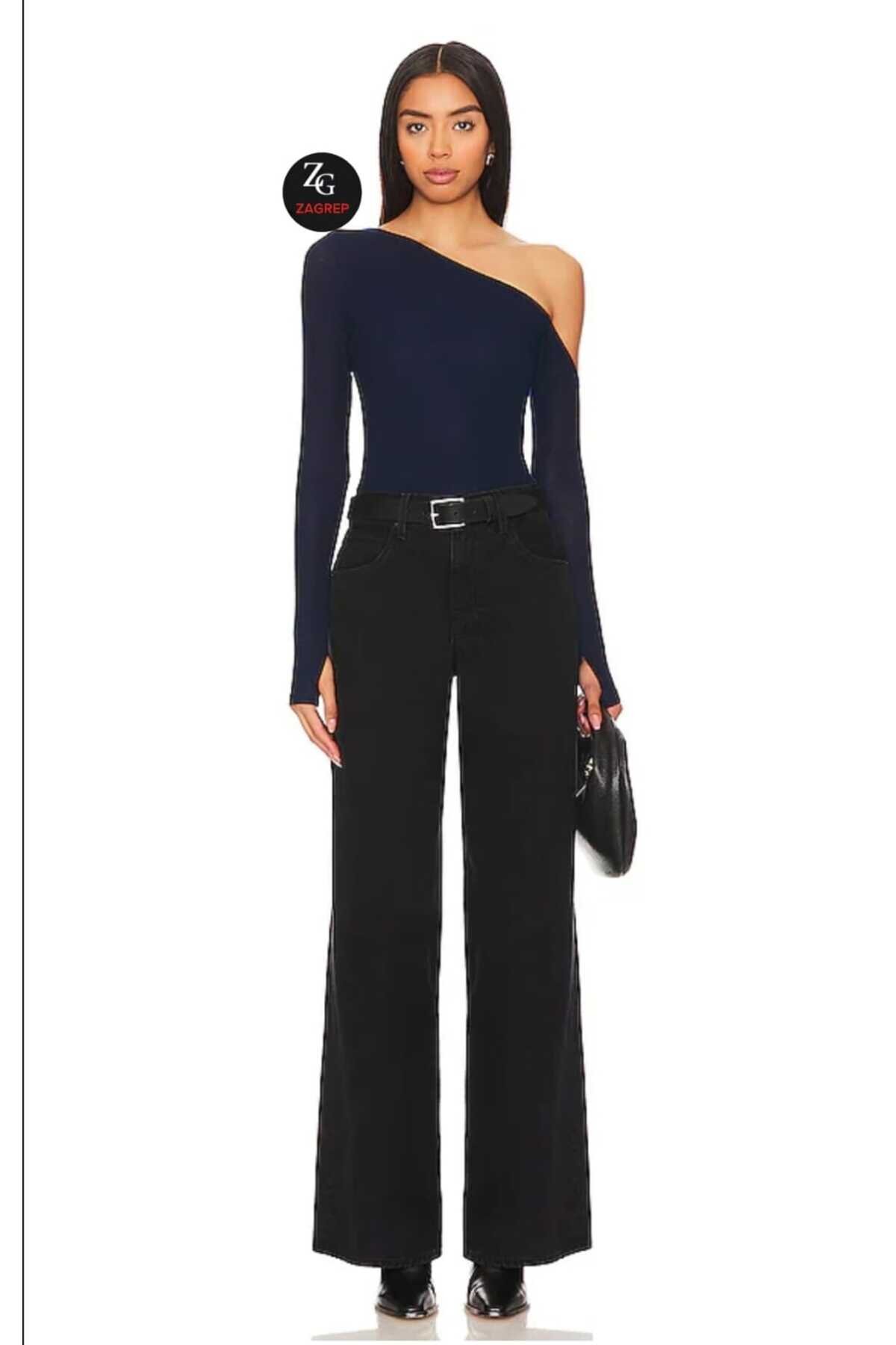 Double-Layer Silk Jersey Asymmetric Neck Blouse - Navy Blue - Zagrep