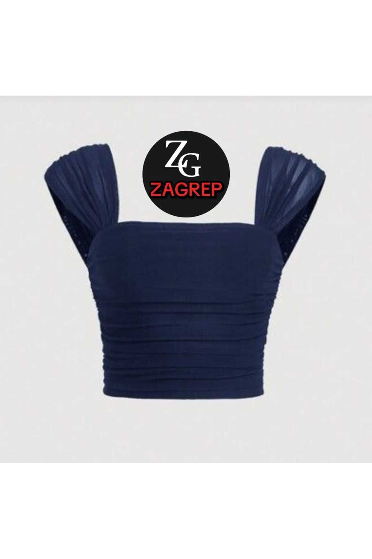 Cropped Silk Jersey Ruched Draped-Sleeve Bustier - Navy Blue - Zagrep