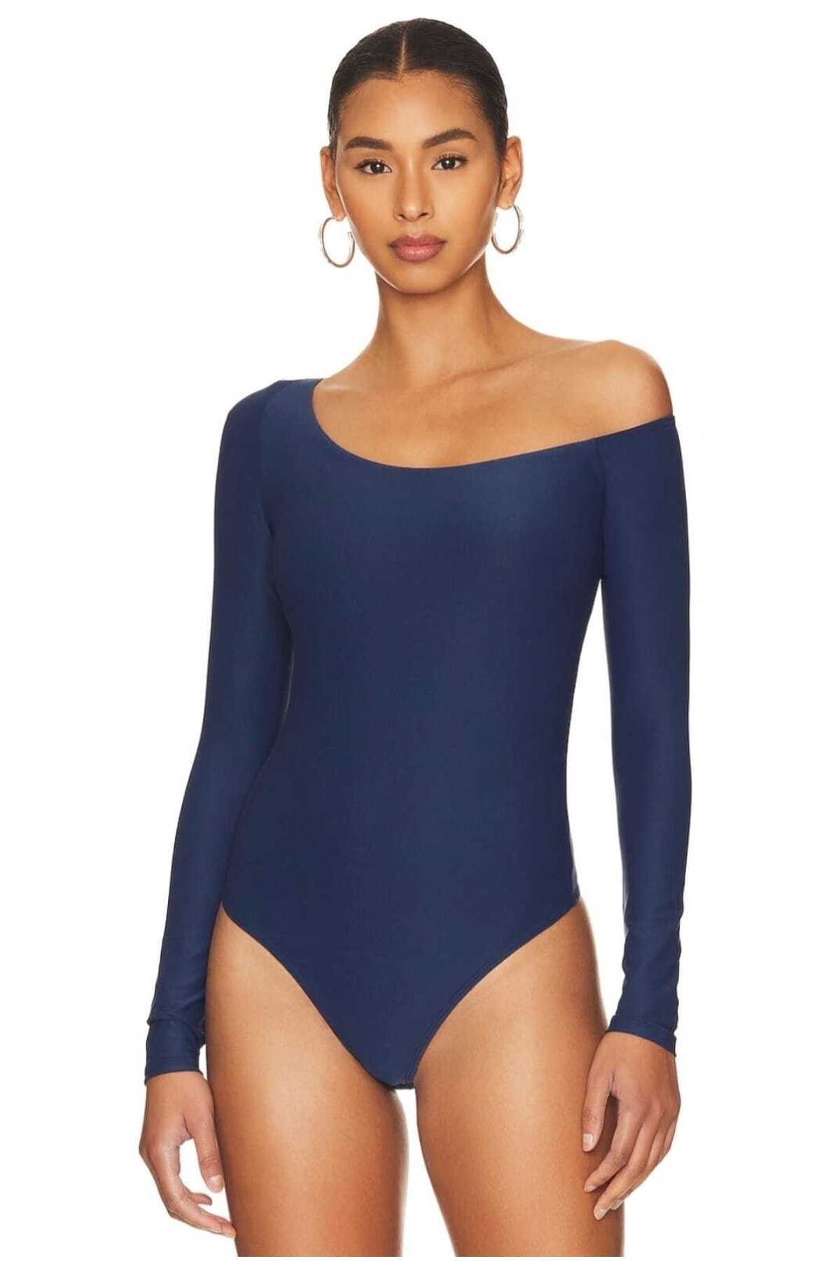 Lacivert İpek Jarse Düşük Kol Bodysuit - Zagrep