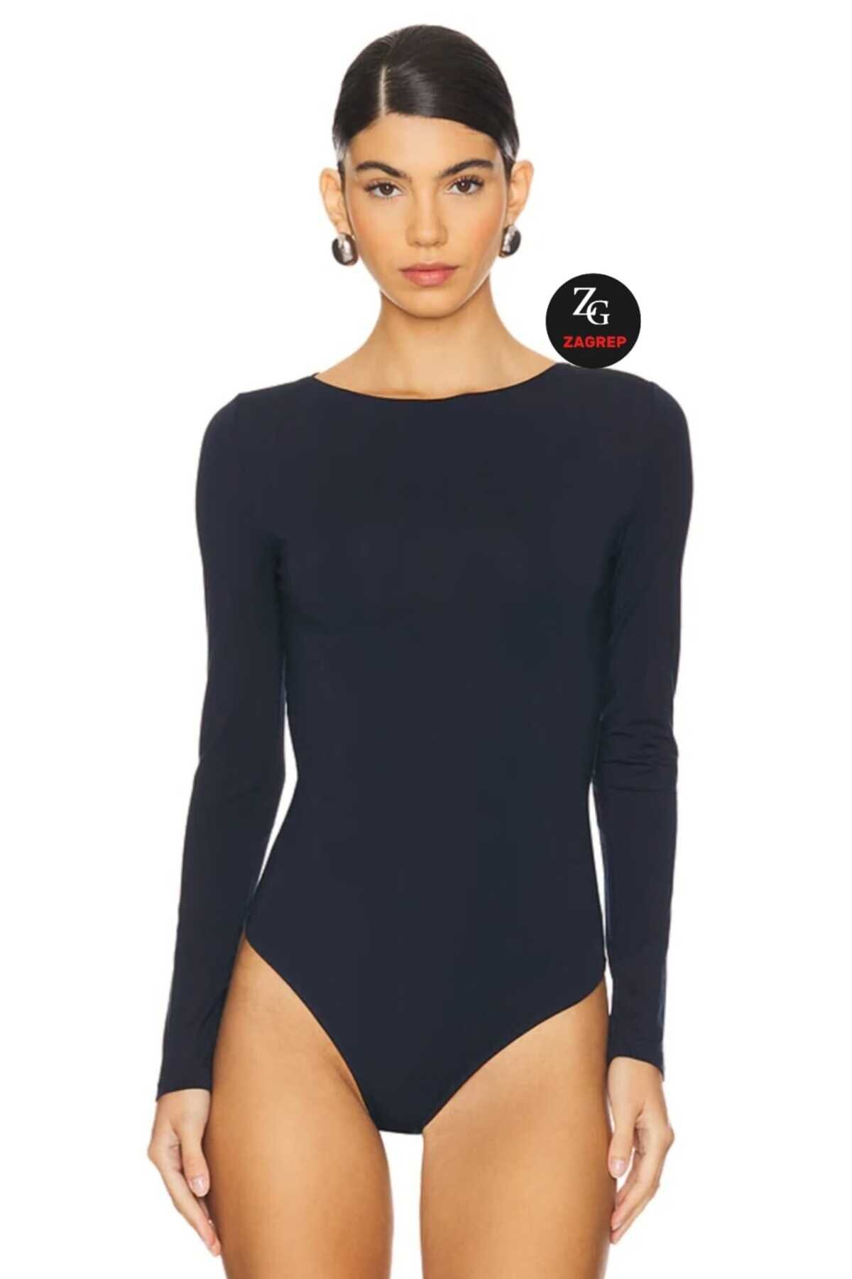 Lacivert İpek Jarse Sırt Dekolteli Spagetti Askılı Çıtçıtlı Body - Zagrep