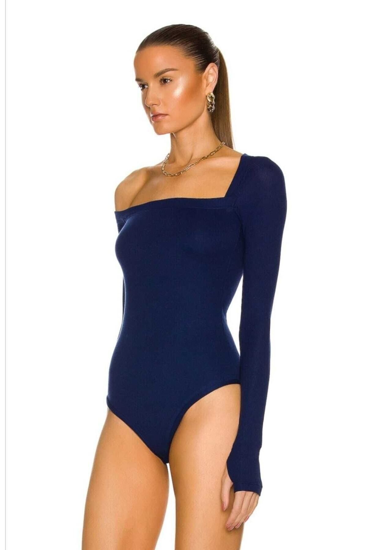 L-Model Silk Jersey Thumbhole Bodysuit - Navy Blue - Zagrep