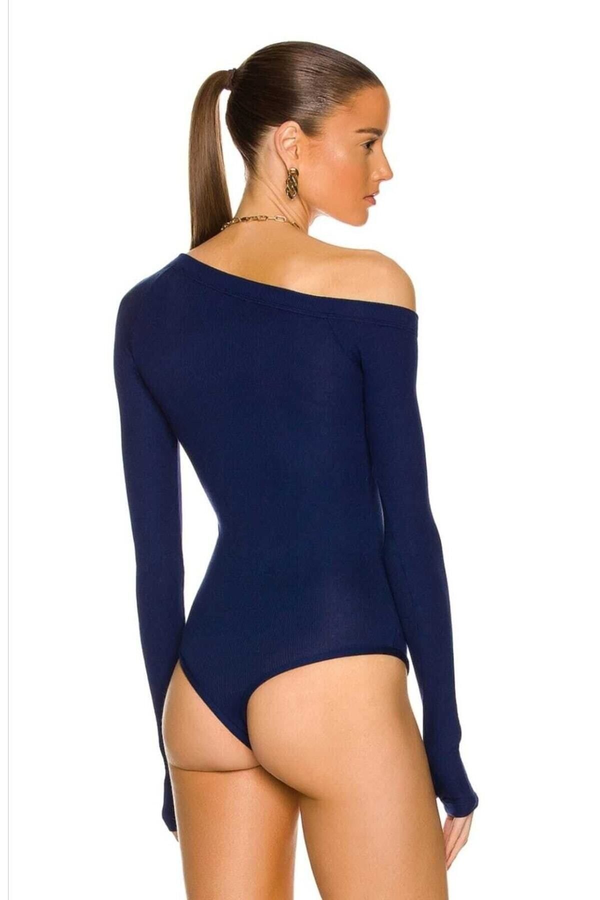 L-Model Silk Jersey Thumbhole Bodysuit - Navy Blue - Zagrep