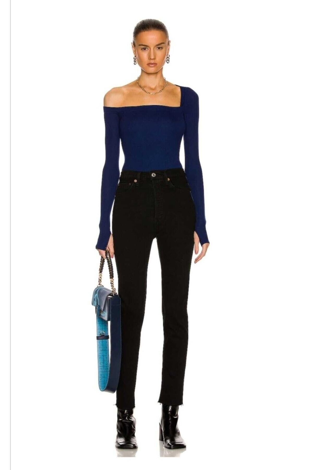 L-Model Silk Jersey Thumbhole Bodysuit - Navy Blue - Zagrep