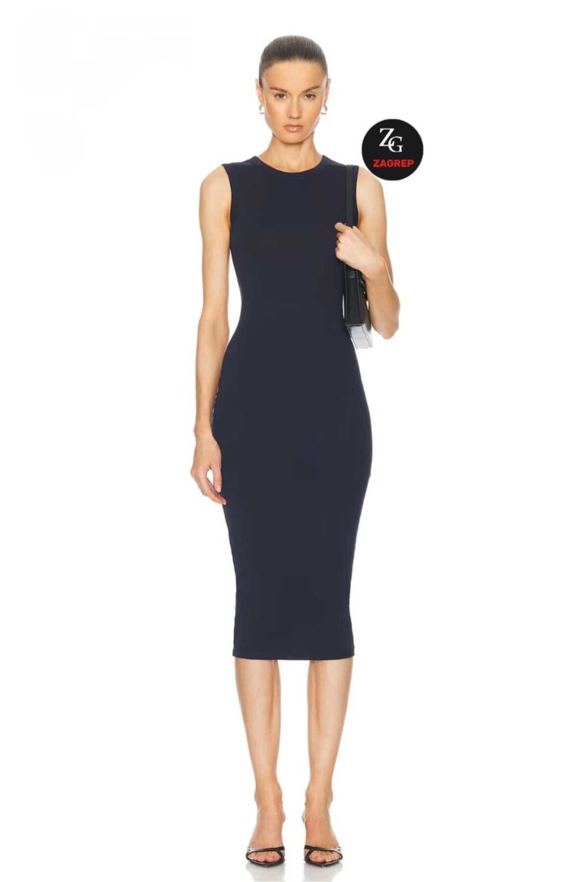 Lacivert Midi Bisiklet Yaka Astarlı İpek Jarse Elbise - Zagrep