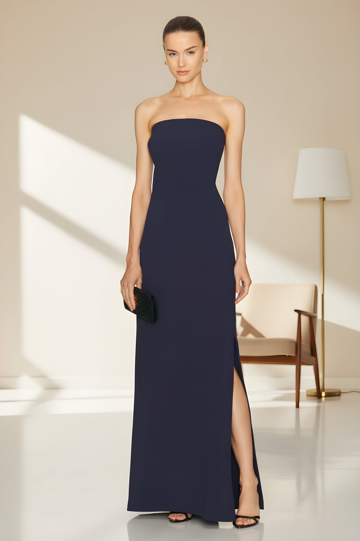 Long Strapless Lined Slit Evening Dress - Navy Blue - Zagrep