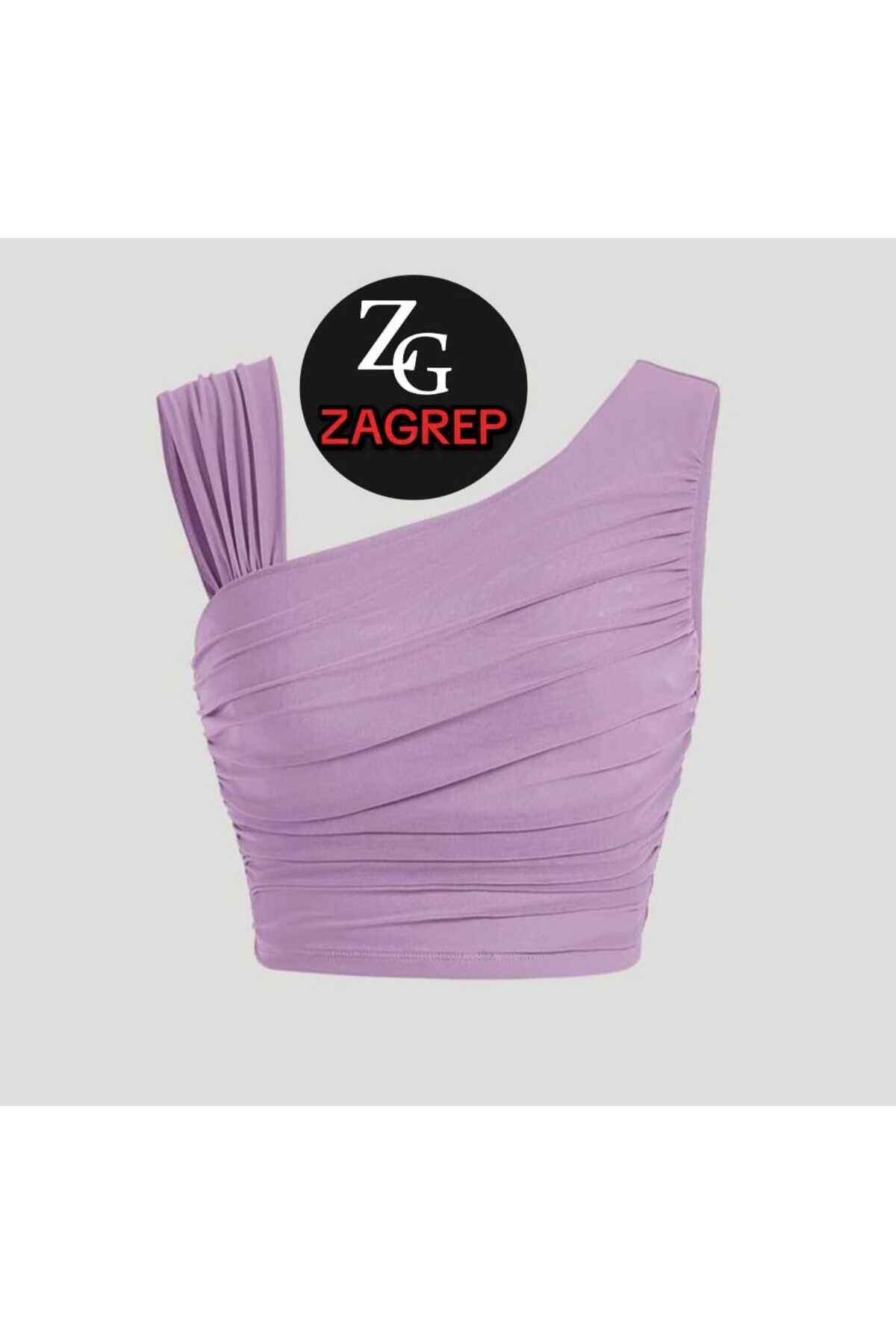 بستييه قصير ليلكي جيرسيه حريري درابيه بأكمام مزمومة وتفاصيل كتف - Zagrep