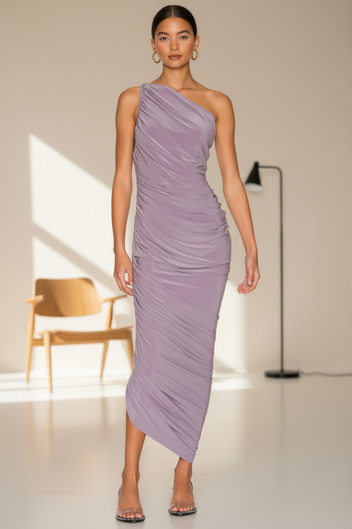 Midi Lined Draped Ruched Shoulder Evening Dress - Lilac - Zagrep