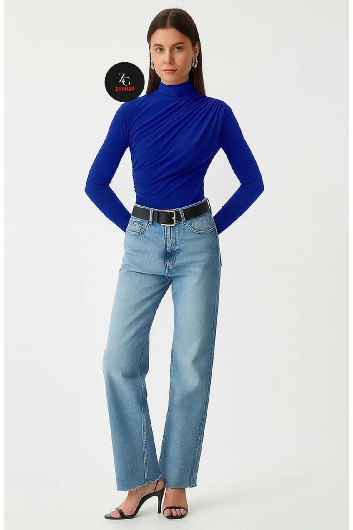 Long Sleeved Silk Jersey Ruched Blouse - Royal Blue - Zagrep