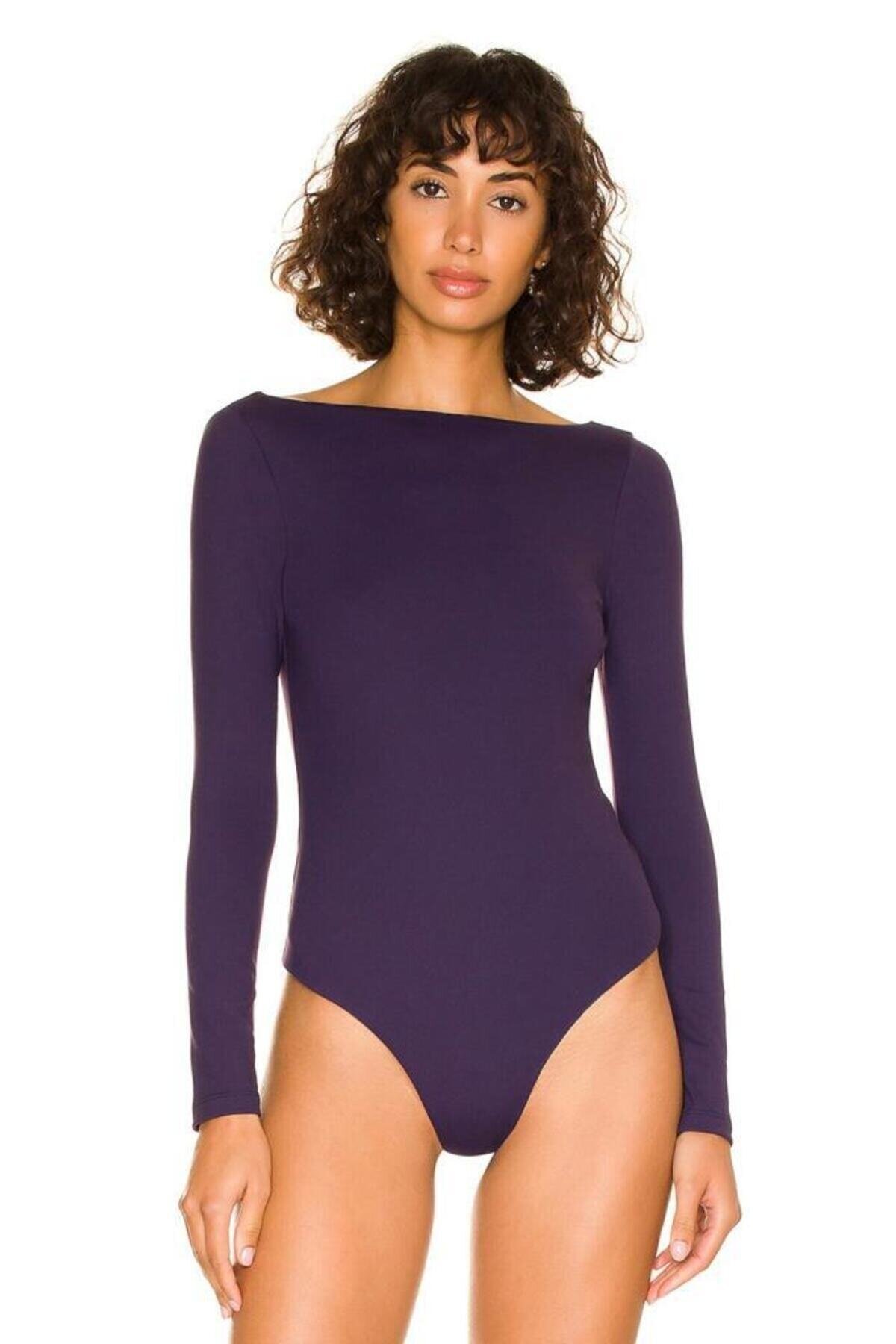 Mor Çift Katlı İpek Jarse Arka Dekolteli Body - Zagrep