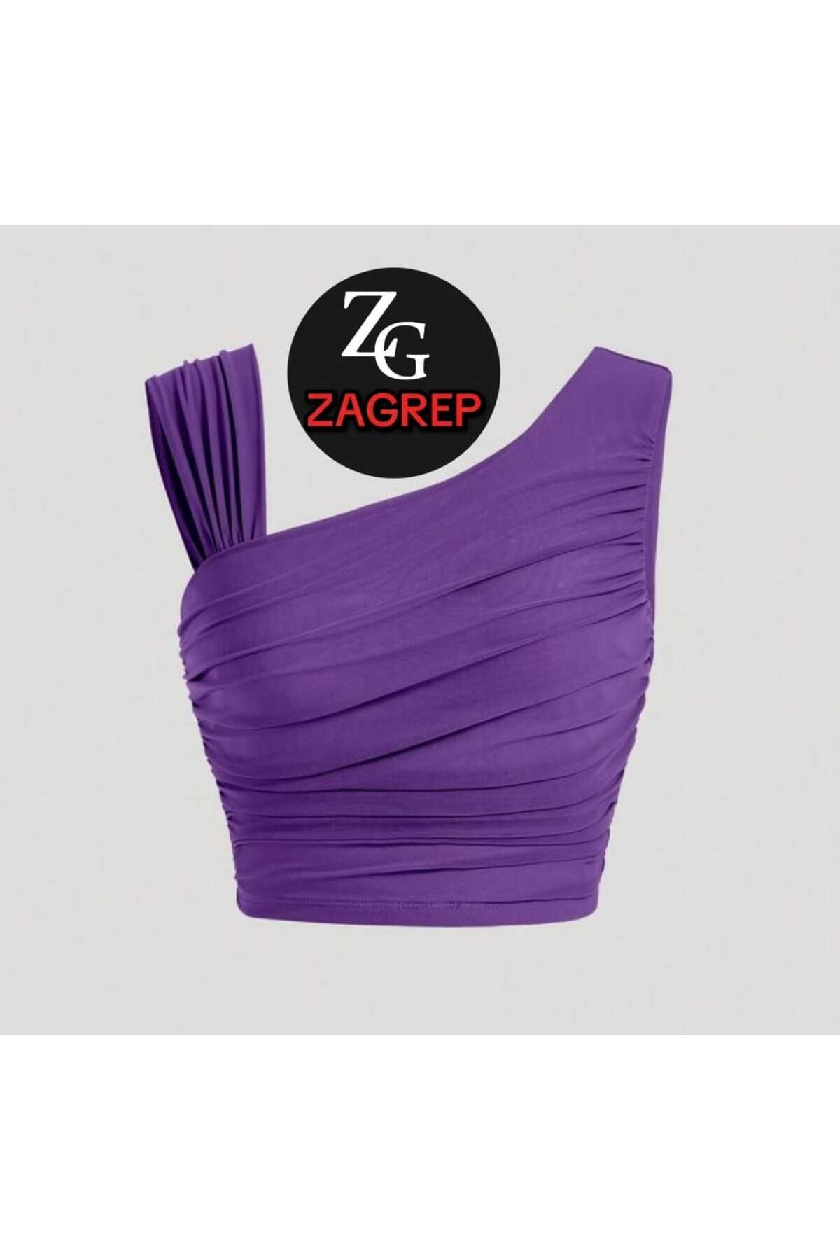 Crop Top Draped Ruched-Sleeve Bustier - Purple - Zagrep