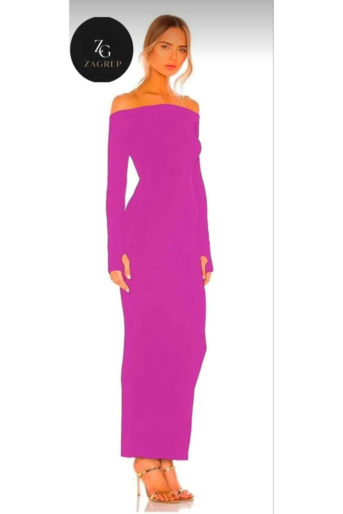 Long Madonna-Neck Thumb-Hole Side-Slit Dress - Purple - Zagrep