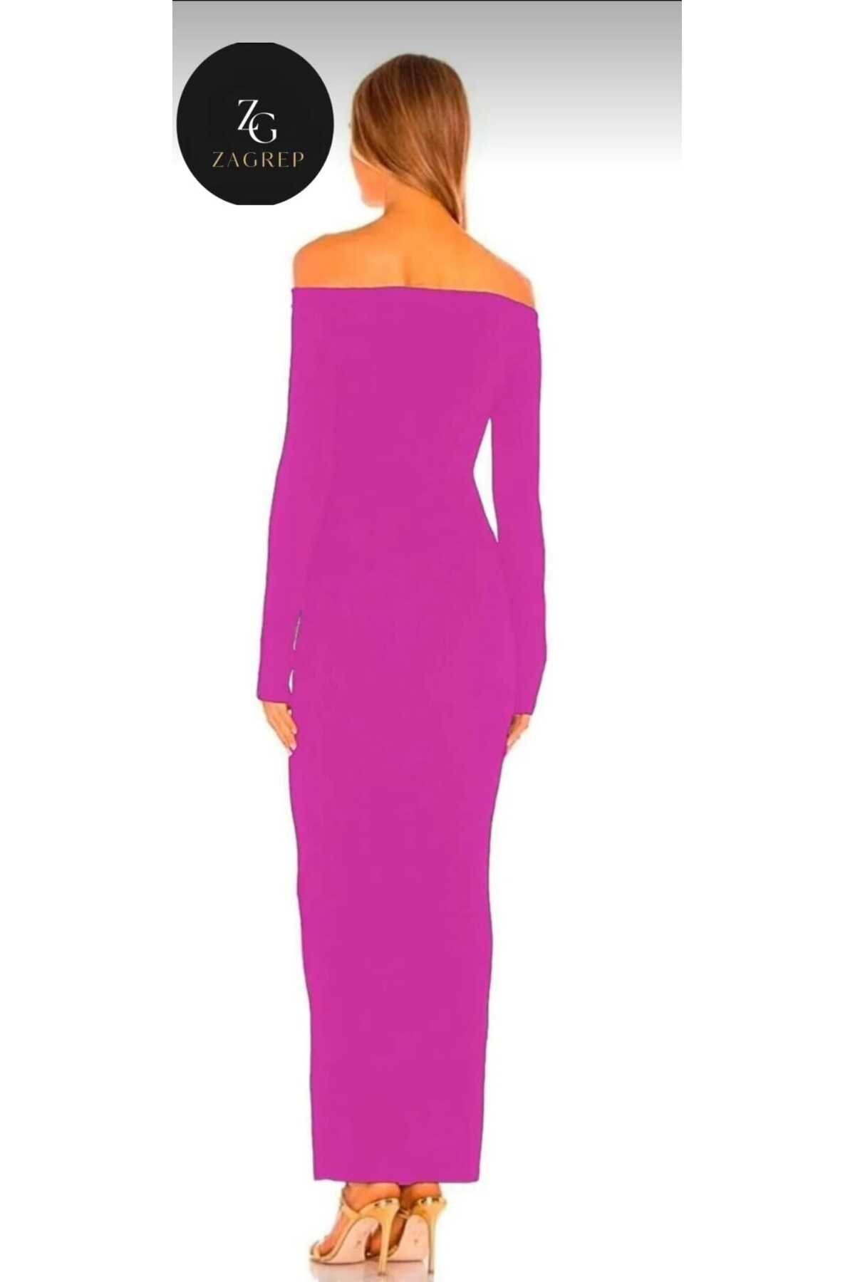 Long Madonna-Neck Thumb-Hole Side-Slit Dress - Purple - Zagrep