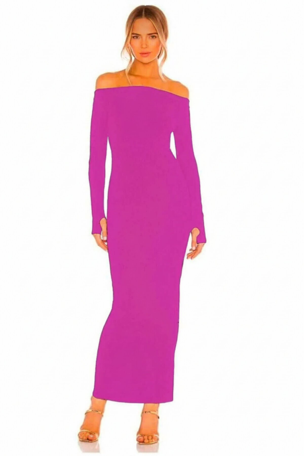 Long Madonna-Neck Thumb-Hole Side-Slit Dress - Purple - Zagrep