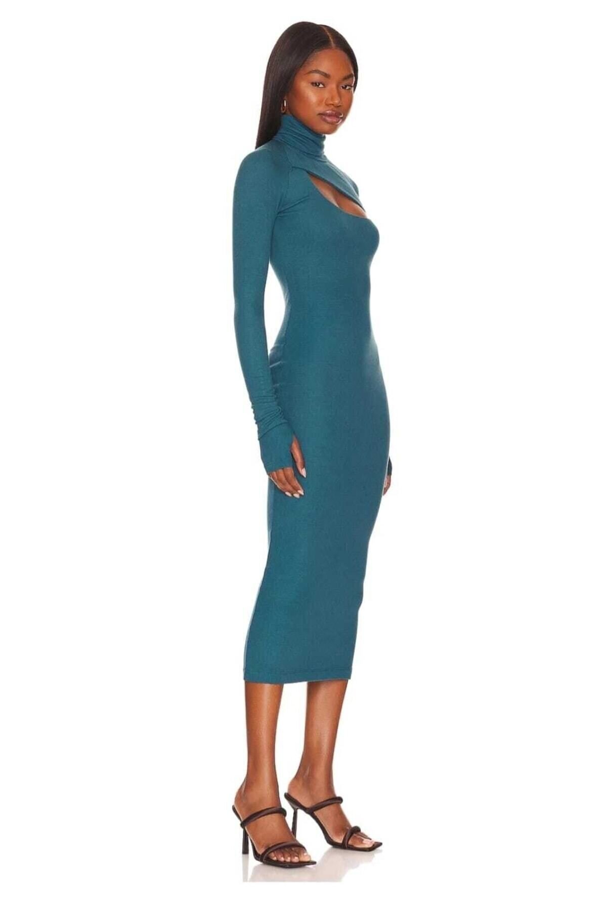Midi Silk Jersey Turtleneck Cut-out Evening Dress - Petrol Green - Zagrep