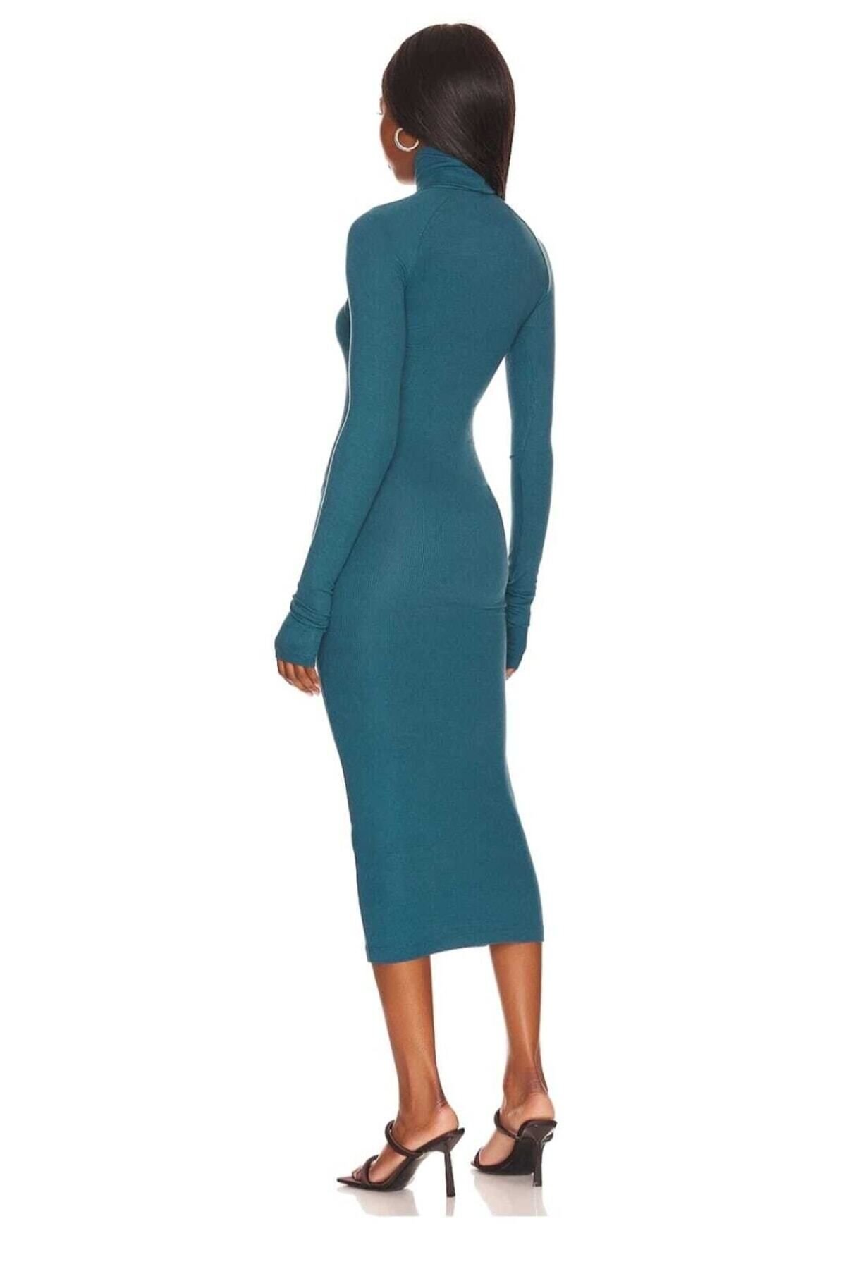 Midi Silk Jersey Turtleneck Cut-out Evening Dress - Petrol Green - Zagrep