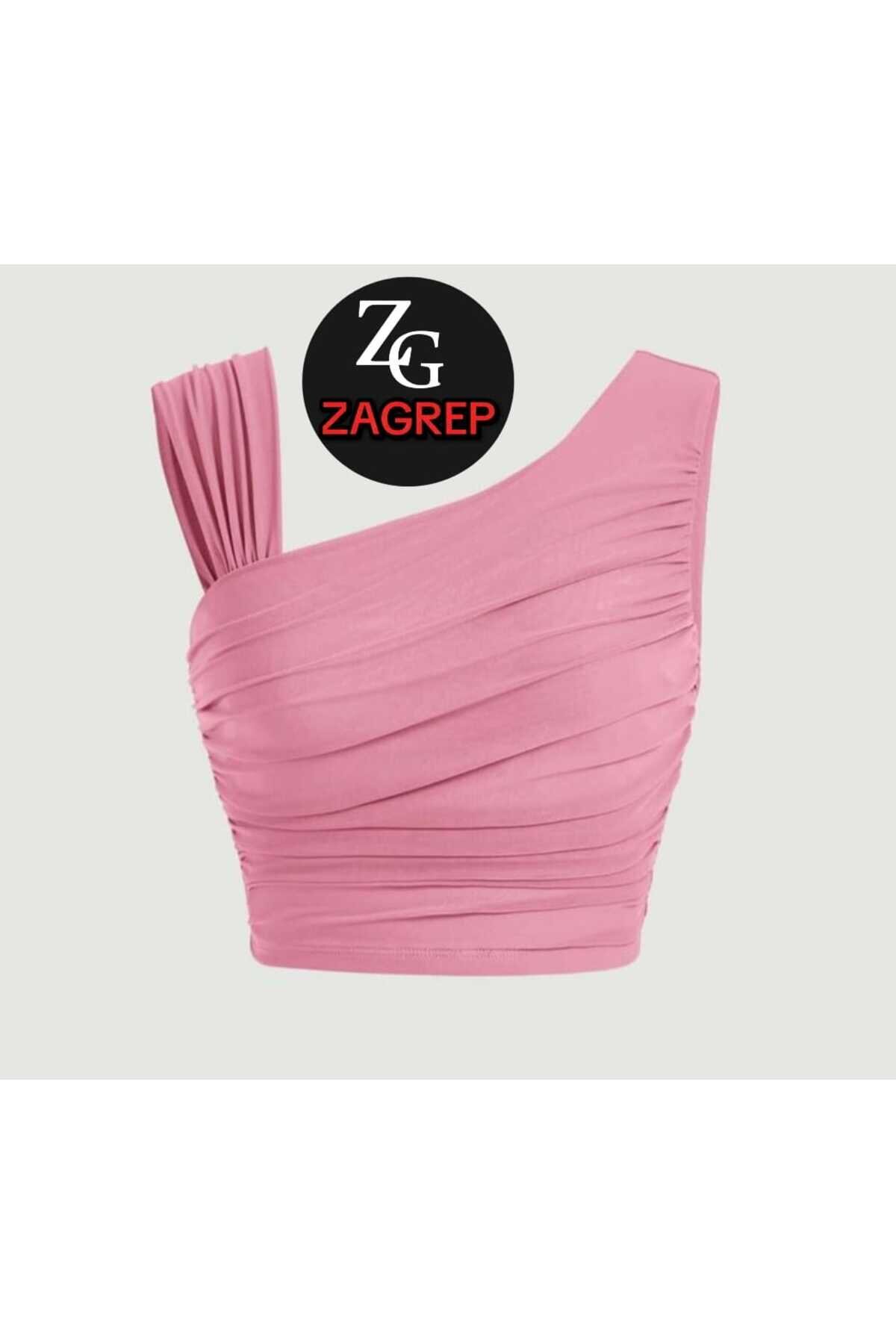 Cropped Draped Shirred Bustier with Shoulder Detail - Powder Pink - Zagrep