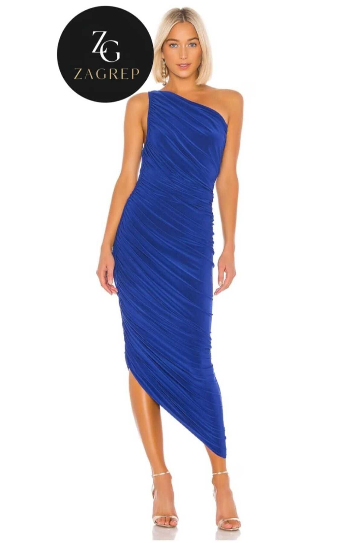 Saks Mavisi Midi Astarlı İpek Jarse Büzgülü Omuzlu Abiye Elbise - Zagrep