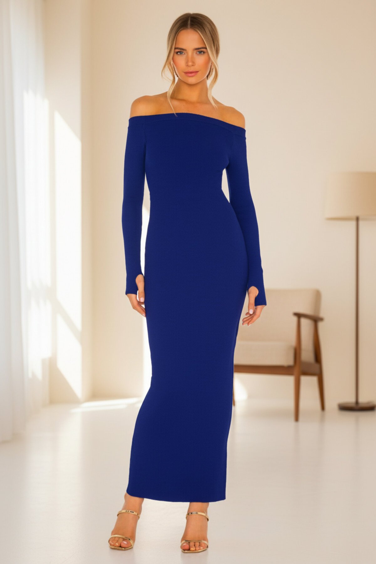 Long Silk Jersey Madonna Neck Thumb-Hole Evening Dress - Sapphire Blue - Zagrep