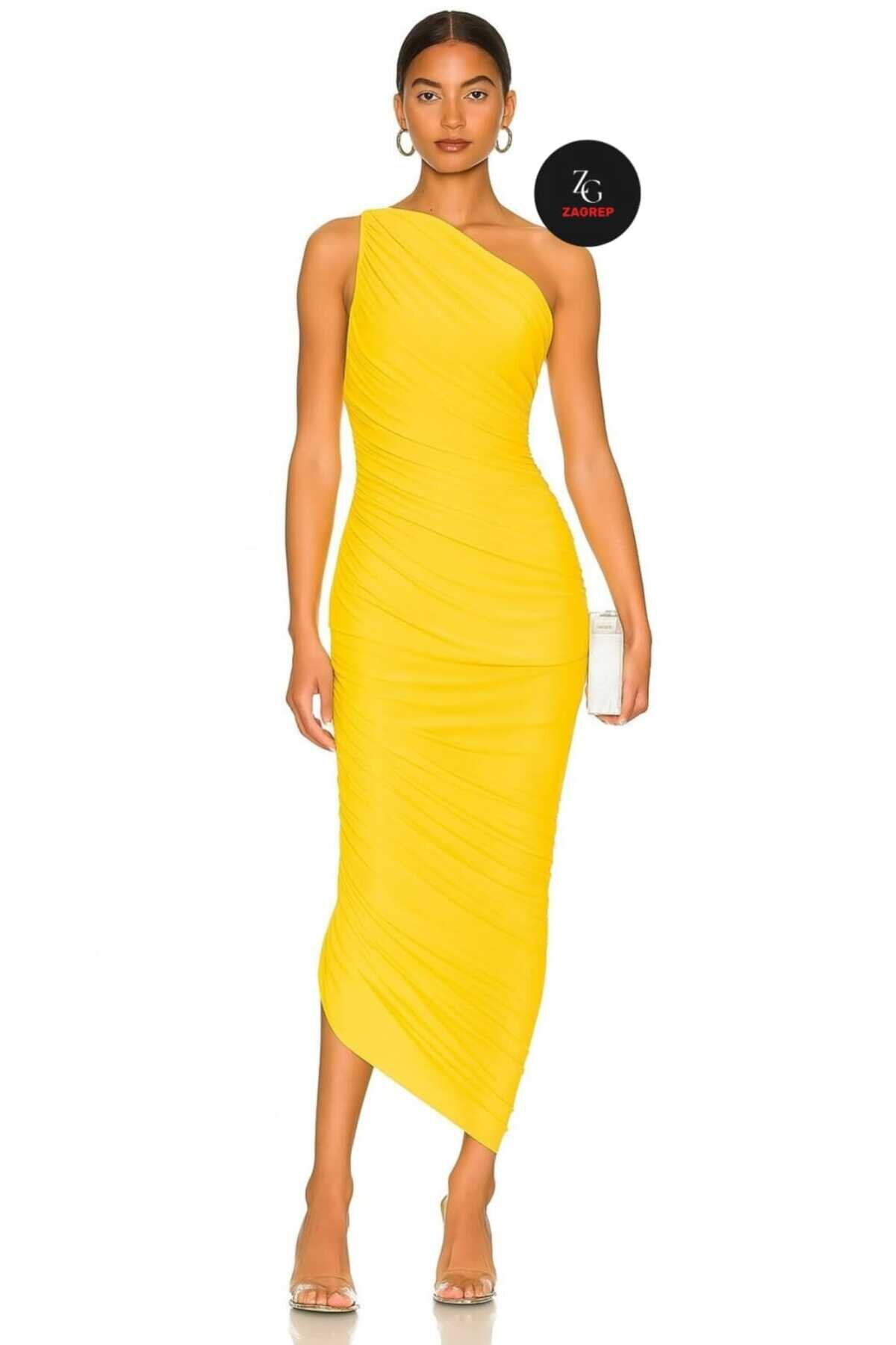 Sarı Midi Tek Omuz Drapeli Büzgülü Abiye Elbise - Zagrep