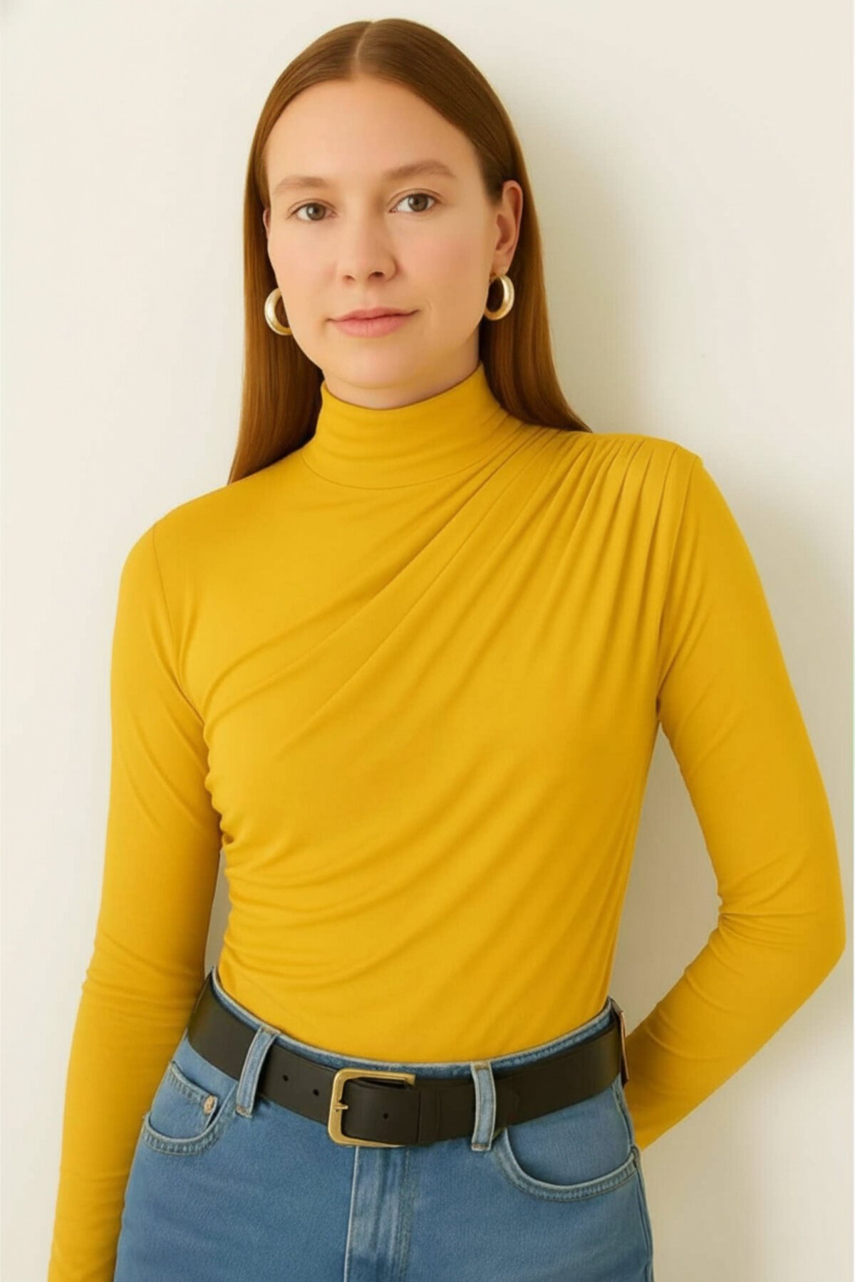 Mock Neck Gathered Detail Blouse - Yellow - Zagrep