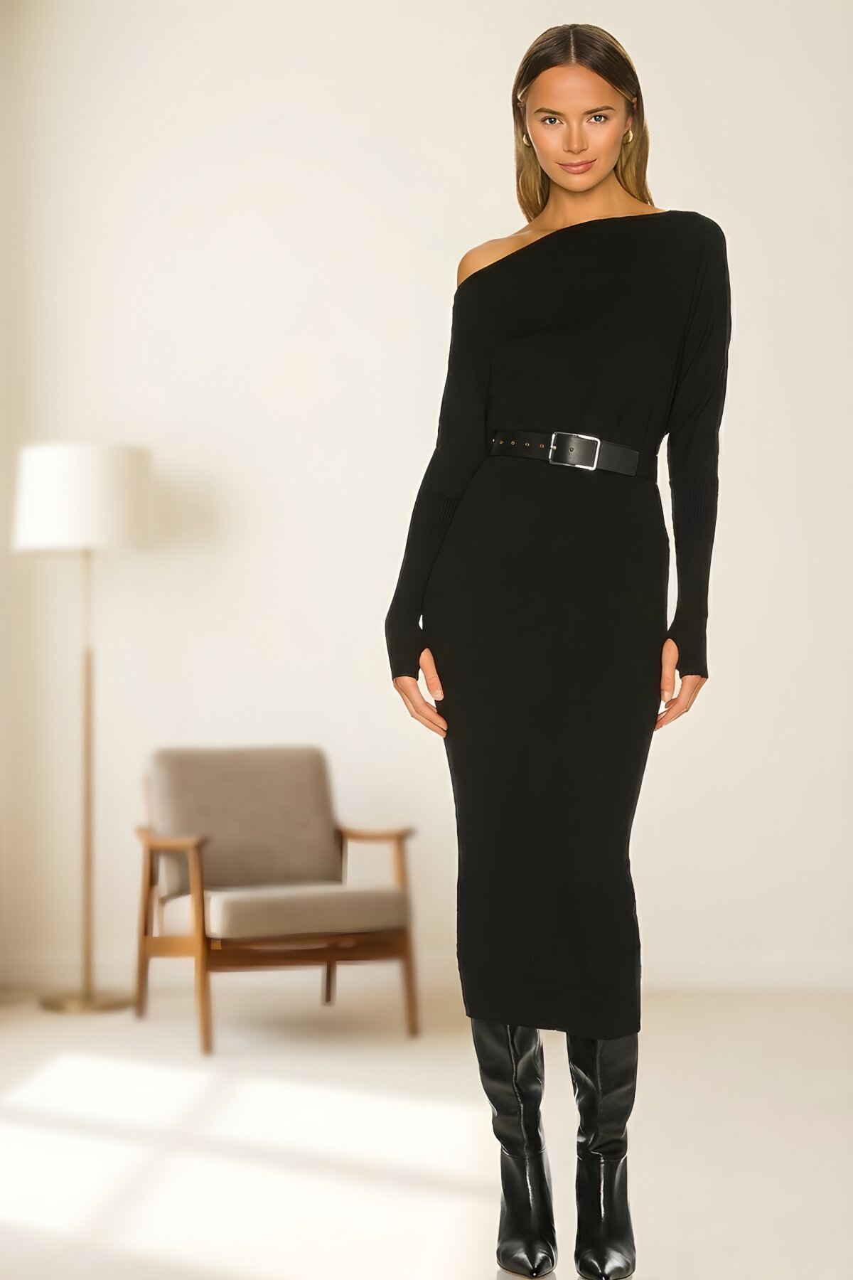 Midi Asymmetric Lined Finger-Loop Dress - Black - Zagrep