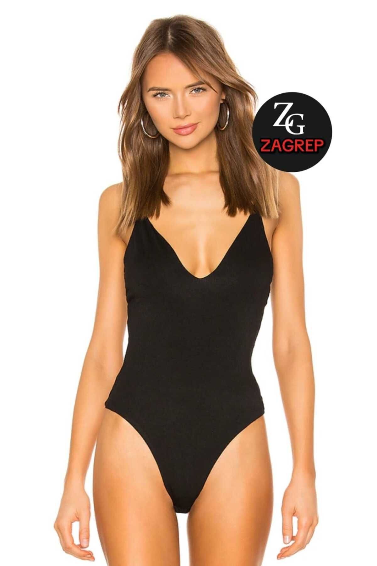 Siyah Askılı V Yaka Çift Katlı İç Göstermez İpek Jarse Body - Zagrep