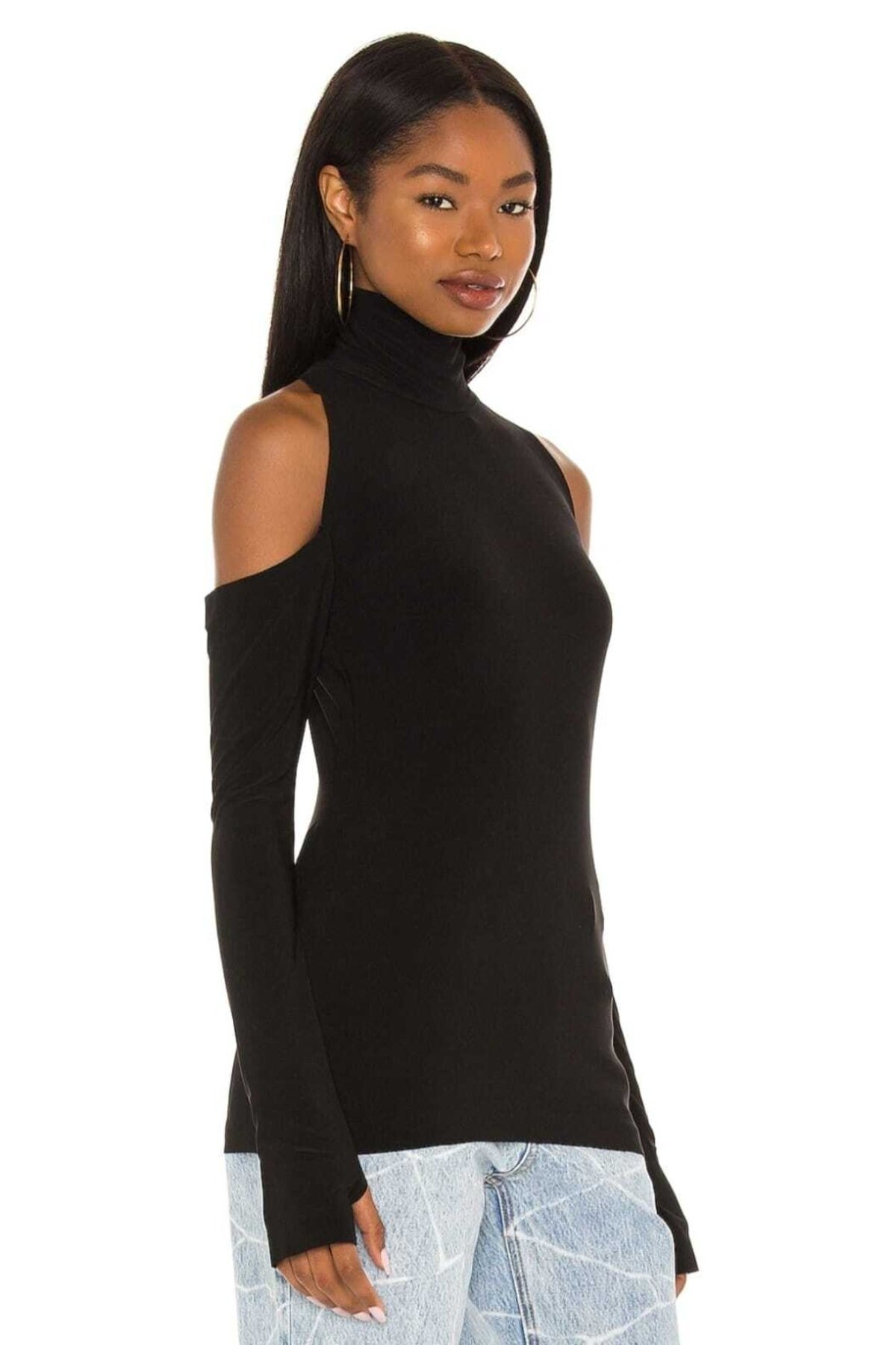 Drop Shoulder Turtleneck Thumb Hole Blouse - Black - Zagrep