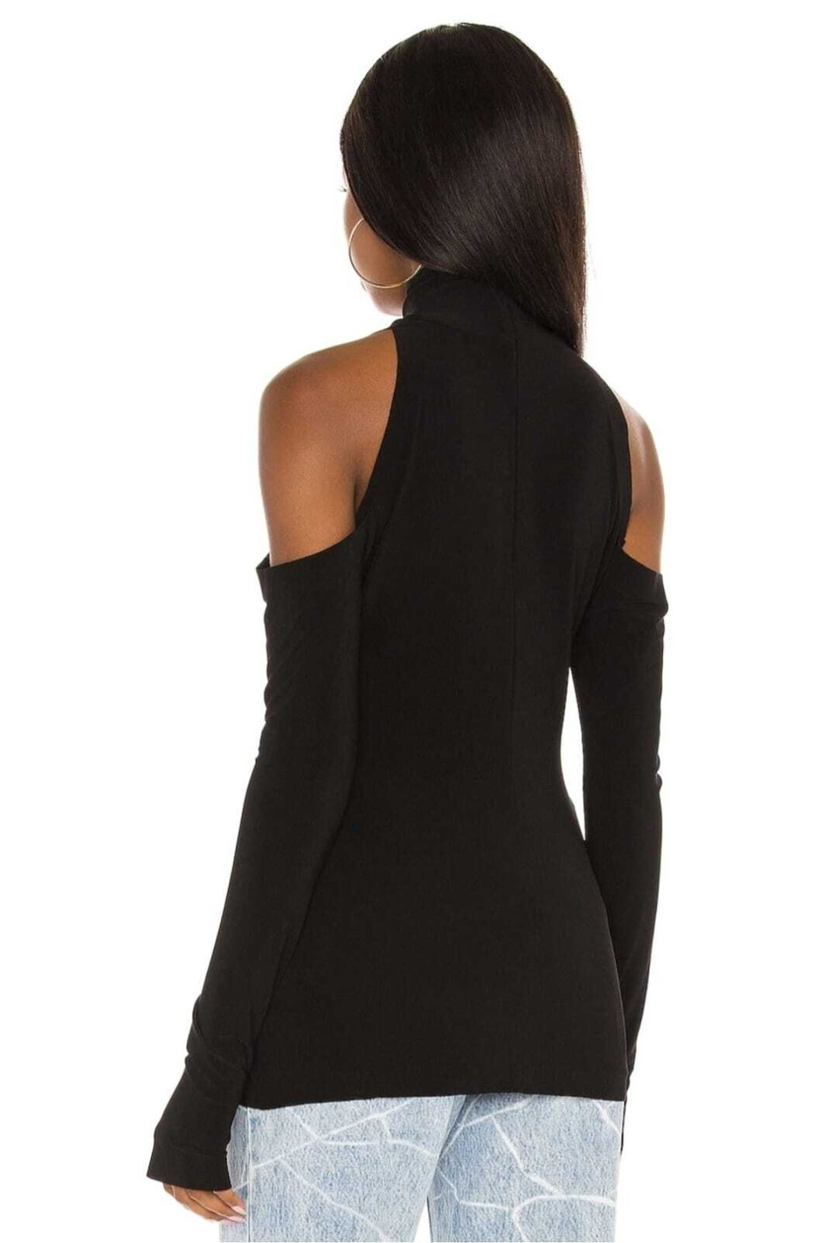 Drop Shoulder Turtleneck Thumb Hole Blouse - Black - Zagrep