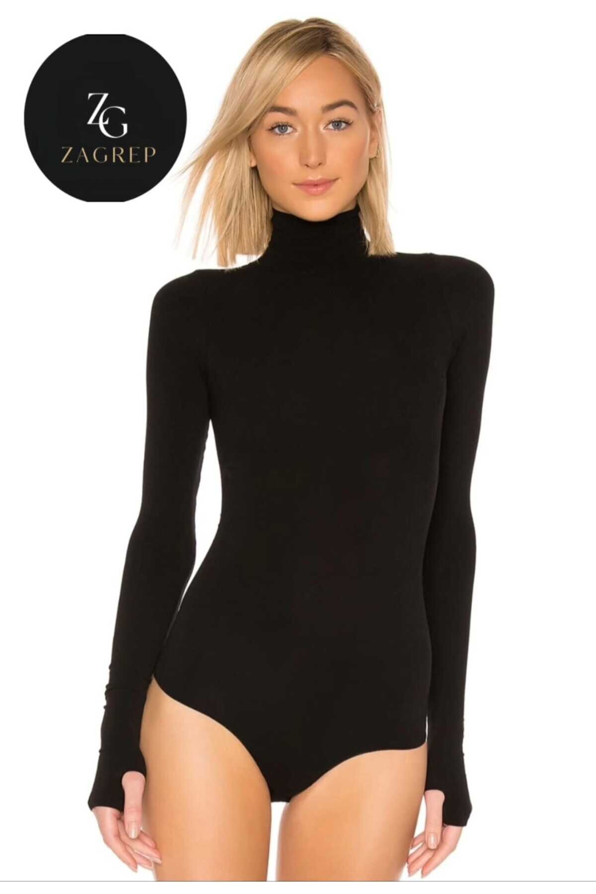 Siyah Balıkçı Yaka Parmak Geçmeli İpek Jarse Body - Zagrep