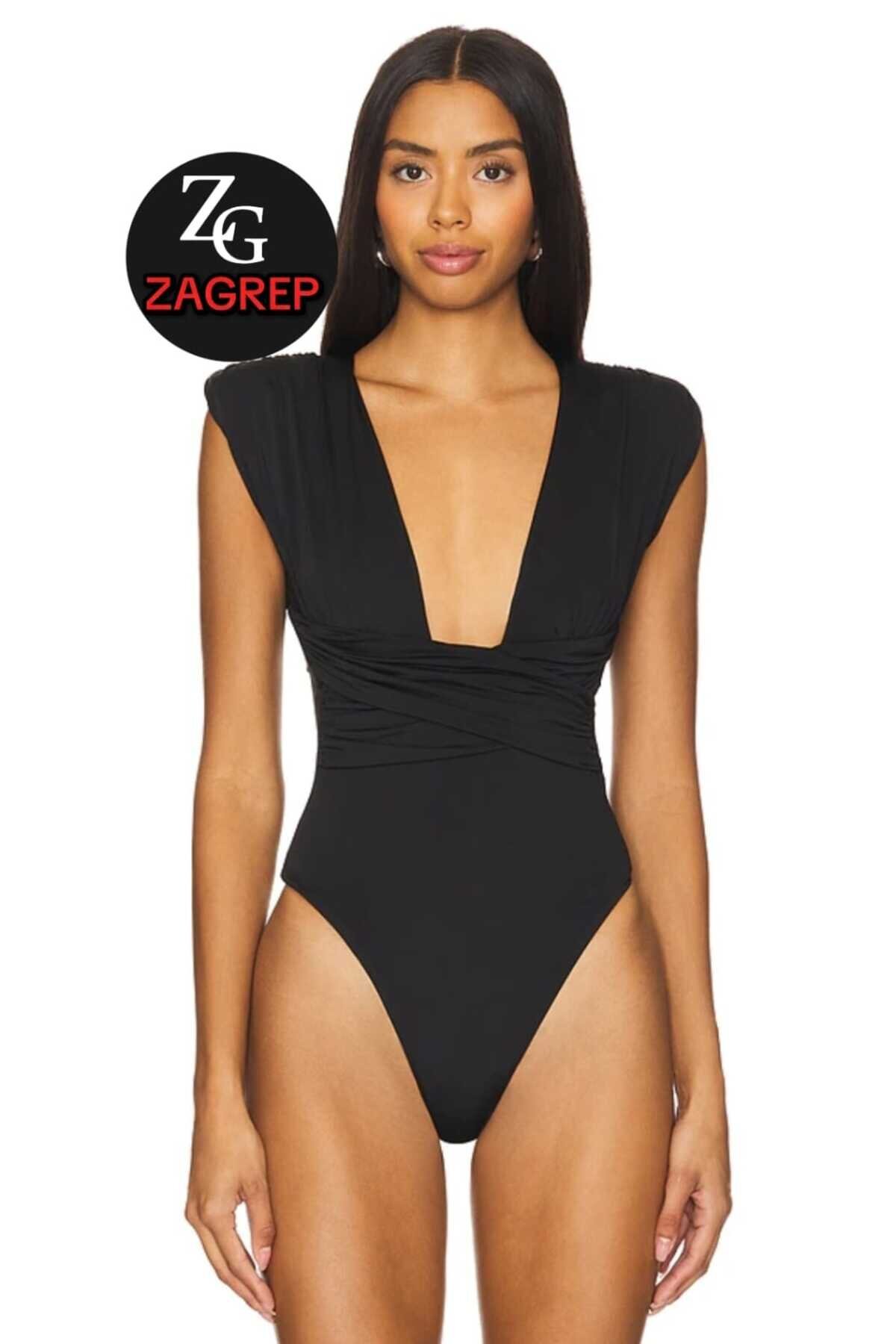 Double Layer Side-Ruched V-Neck Bodysuit - Black - Zagrep