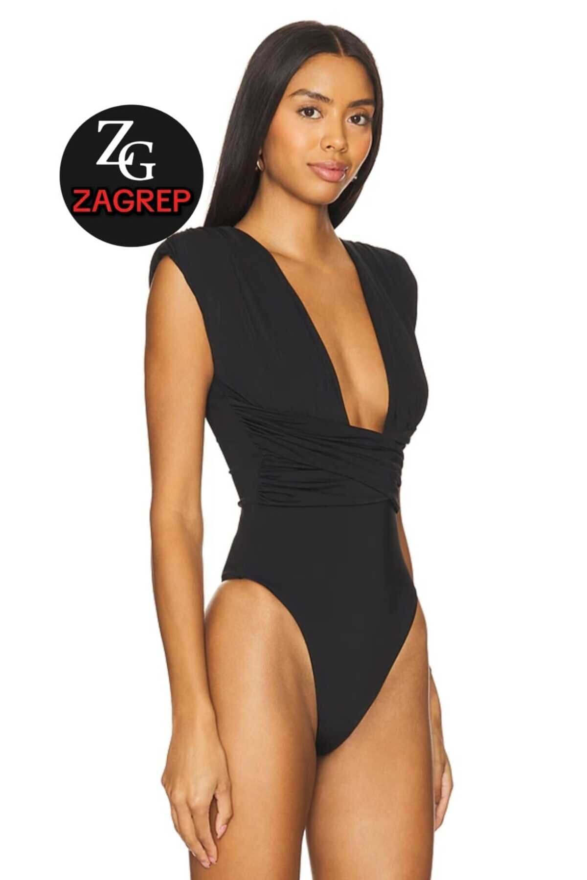 Double Layer Side-Ruched V-Neck Bodysuit - Black - Zagrep