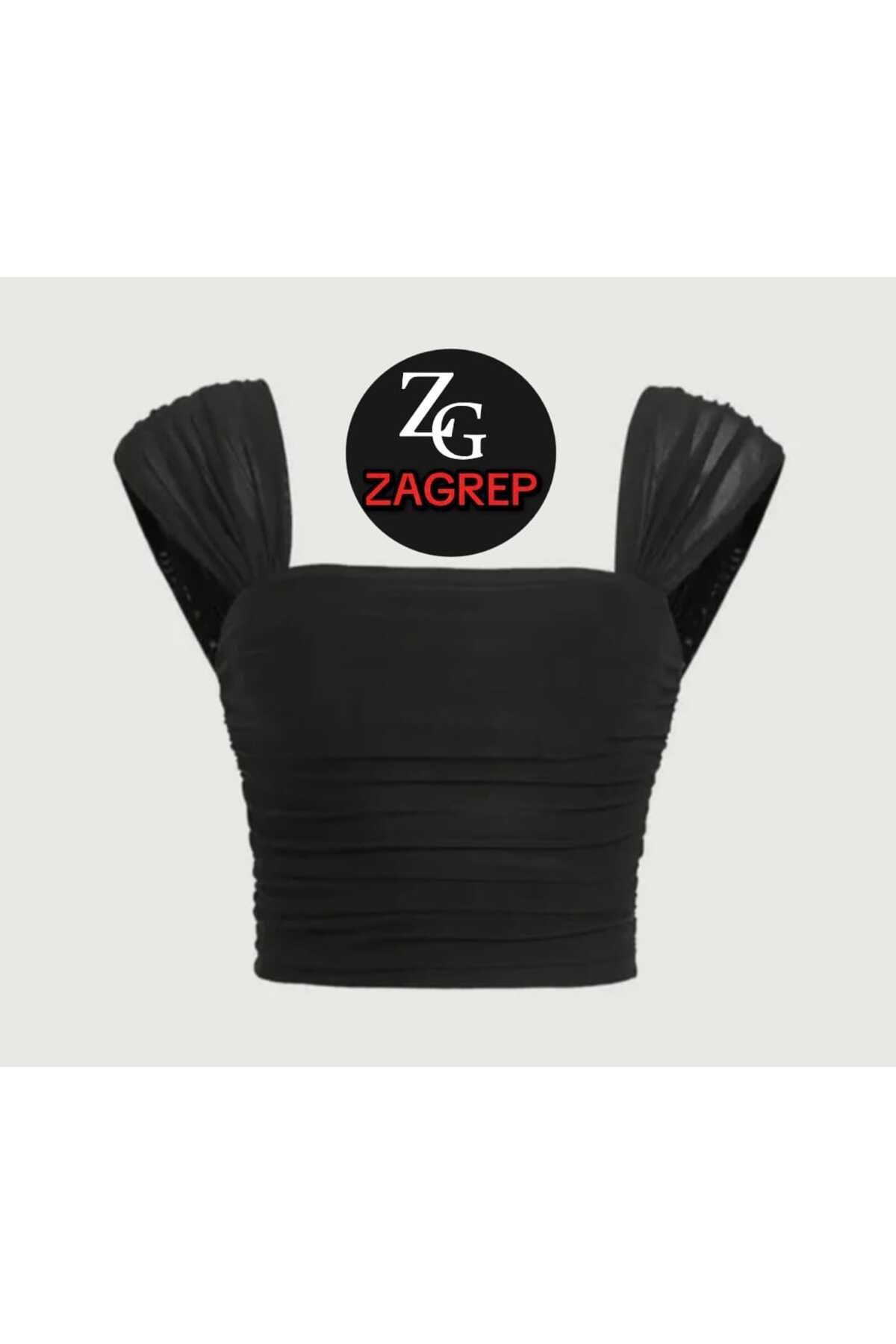 Cropped Silk Jersey Ruched Draped Sleeves Bustier - Black - Zagrep