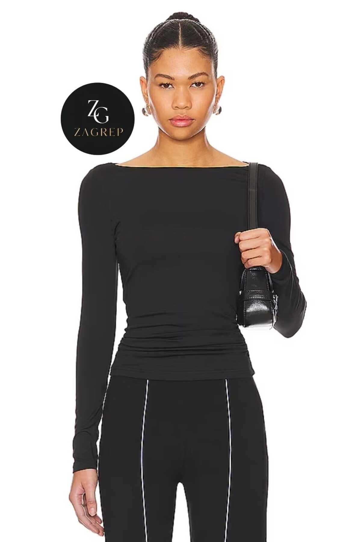 Siyah Crop Degaje Yaka Bluz - Zagrep