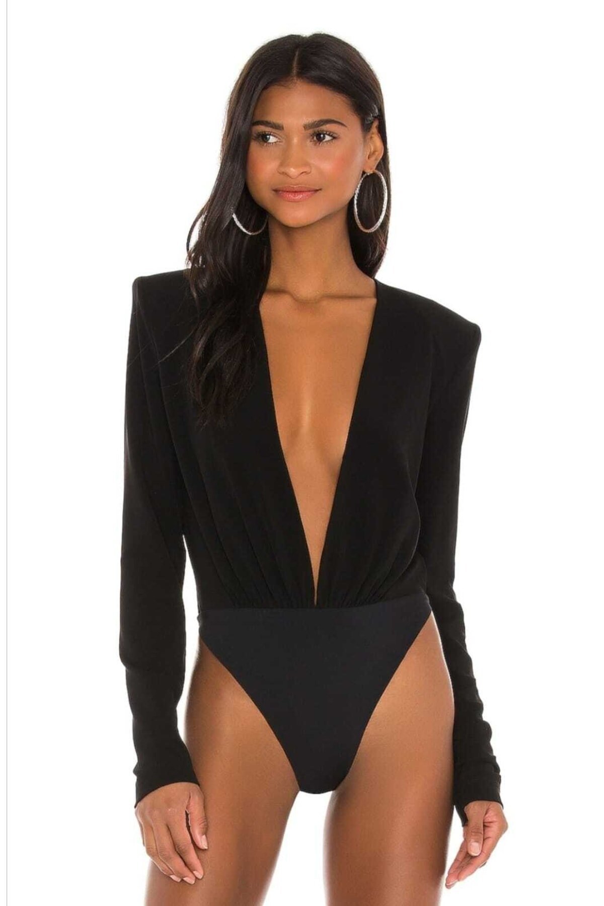 Deep V Silk Jersey Padded Shoulder Ruched Waist Bodysuit - Black - Zagrep